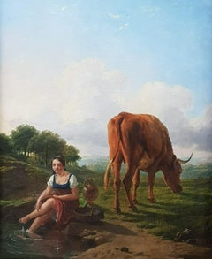 Painting Belgian 19th animal painter VERBOECKHOVEN woodLandscape cow sheperdess 