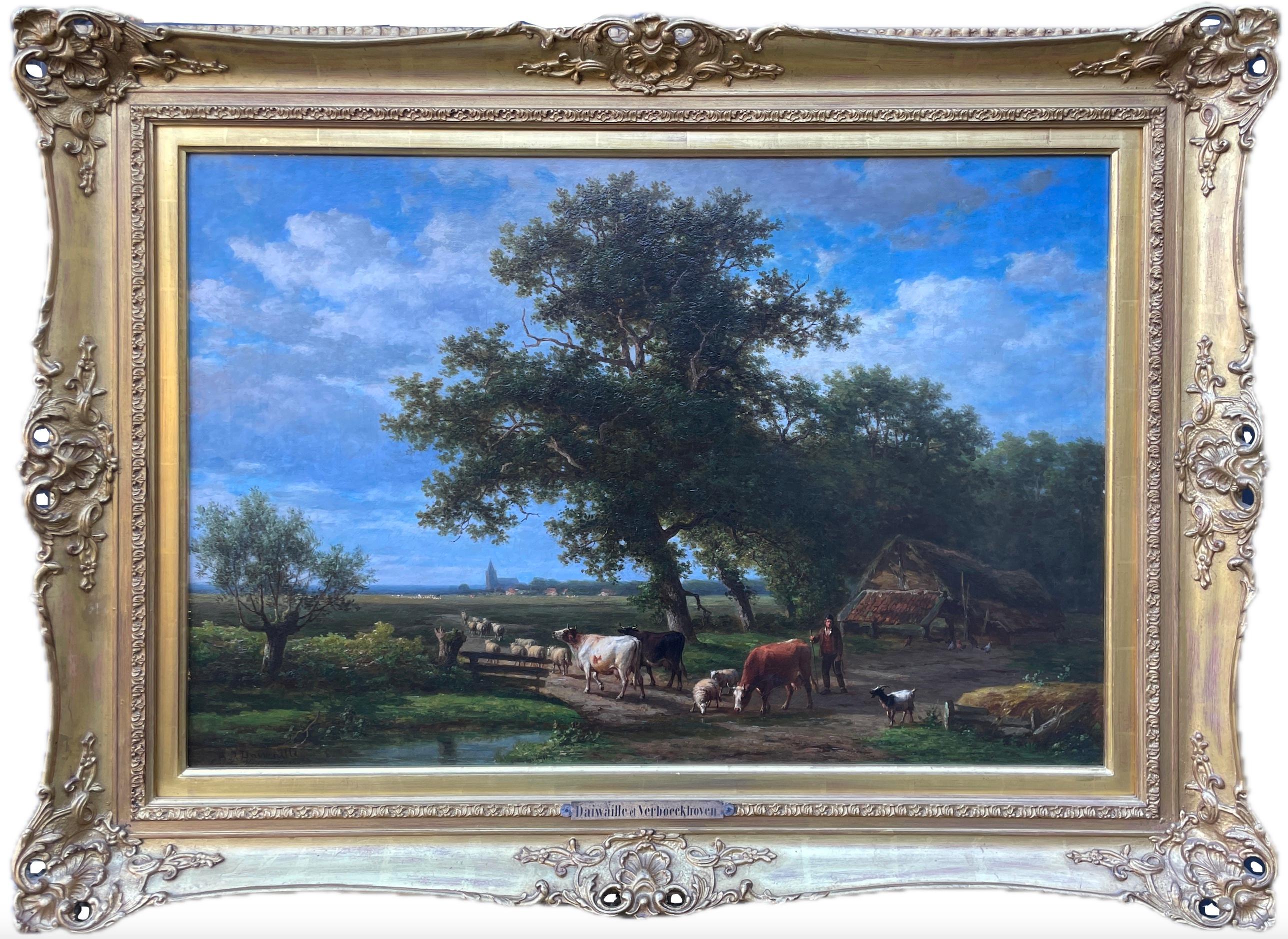Landscape Painting Eugène Verboeckhoven - Huile sur toile d'Eugene Verboeckhoven & Alexander Daiwaille (1796-1881)