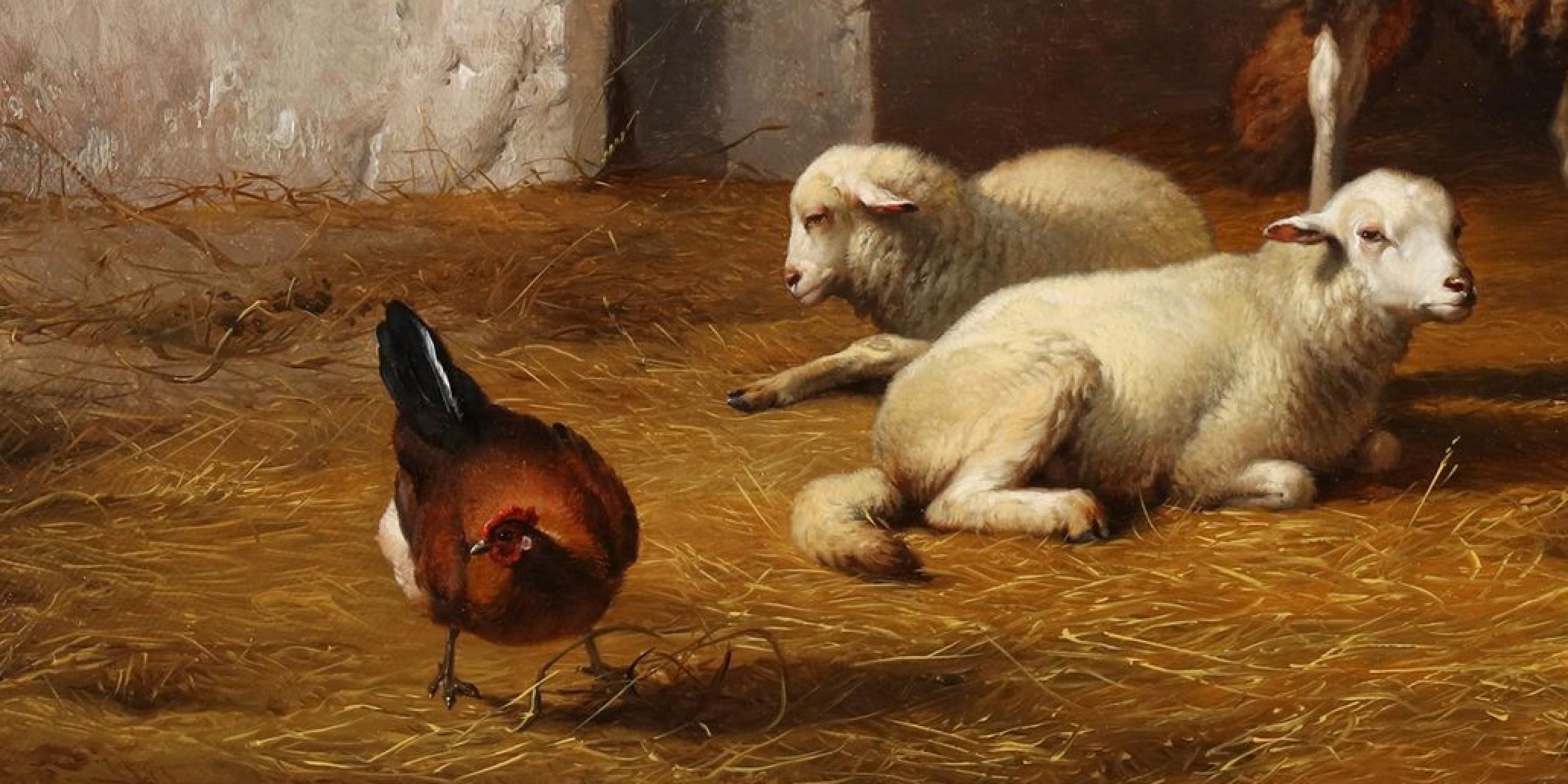 Sheep and a chicken in their stable - Romantic Painting by Eugène Verboeckhoven
