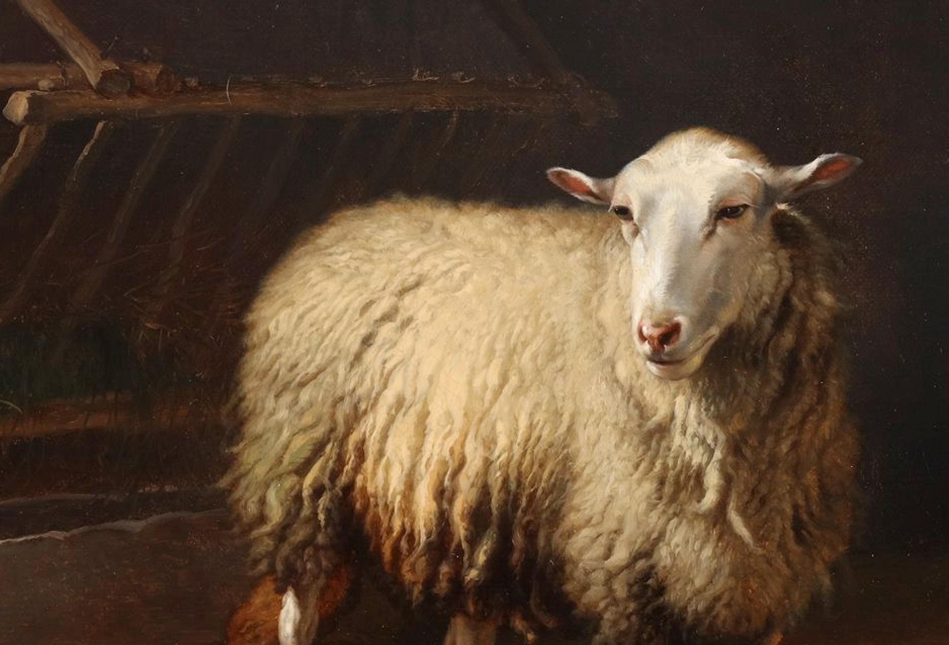Oil on canvas

Signed and dated left center: “1859” also signed on the back.

Discover the serene beauty and meticulous craftsmanship of Eugène Verboeckhoven in this luminous painting depicting a mother sheep with her two lambs in a stable,
