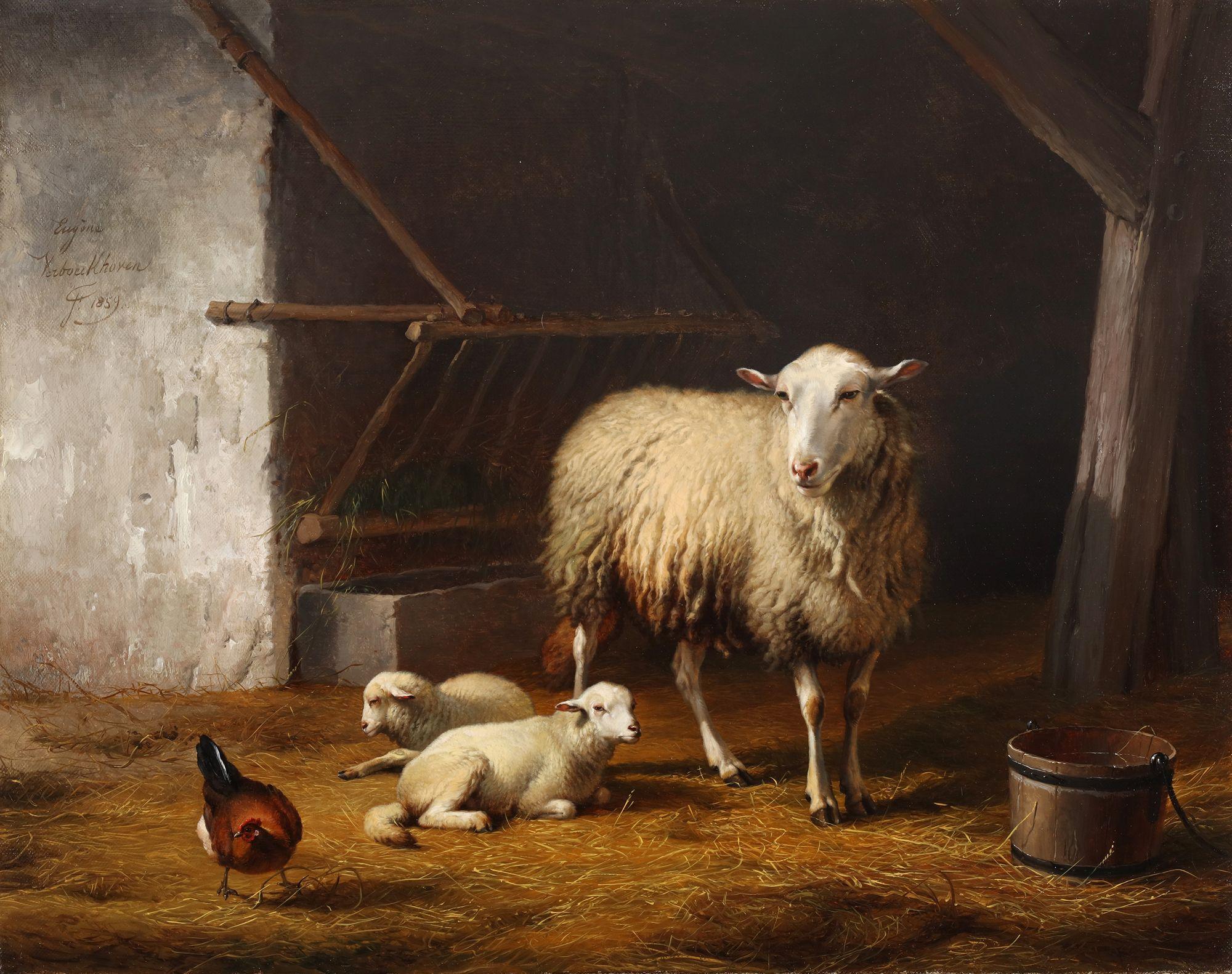 Eugène Verboeckhoven Animal Painting - Sheep and a chicken in their stable