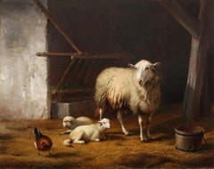 Sheep and a chicken in their stable