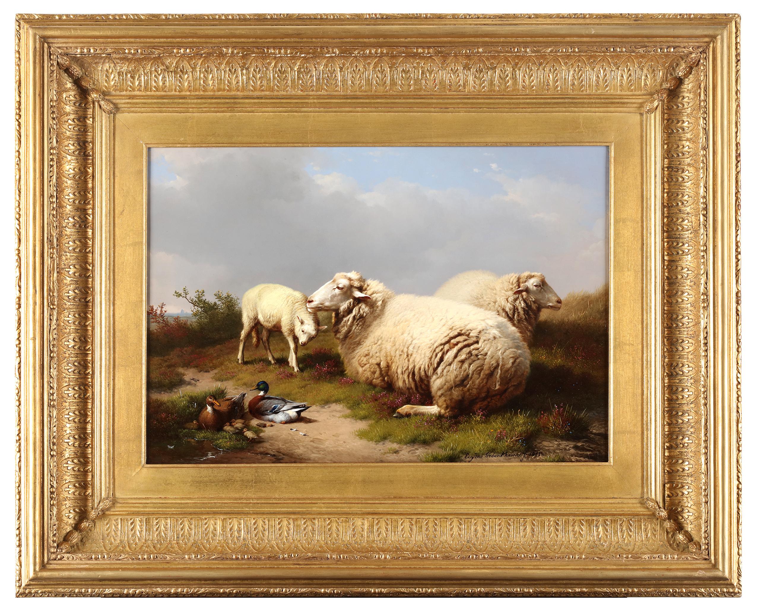 Eugène Verboeckhoven Animal Painting - Sheep and ducks resting 