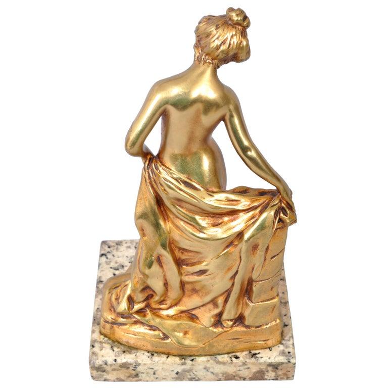 Antique French Art Nouveau Escultura estatua de bronce dorado Mujer desnuda Bañista 1895 1