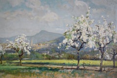 Paesaggio d'epoca dipinto a olio con alberi in fiore nella Provenza francese