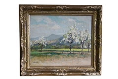 Vintage Landschaft Ölgemälde von Bäumen in Blüte in Französisch Provence