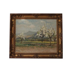 Paesaggio d'epoca dipinto a olio con alberi in fiore nella Provenza francese