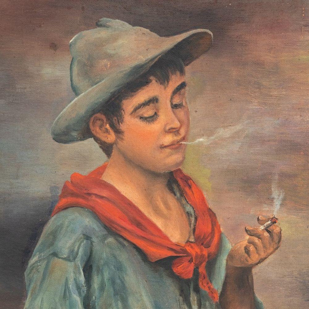 After Eugene von Blaas (Austrian, 1843-1932), Pair of Portraits, Oil on Canvas, 1914, one depicting a young boy smoking, and one a young girl with basket of violets, each signed 