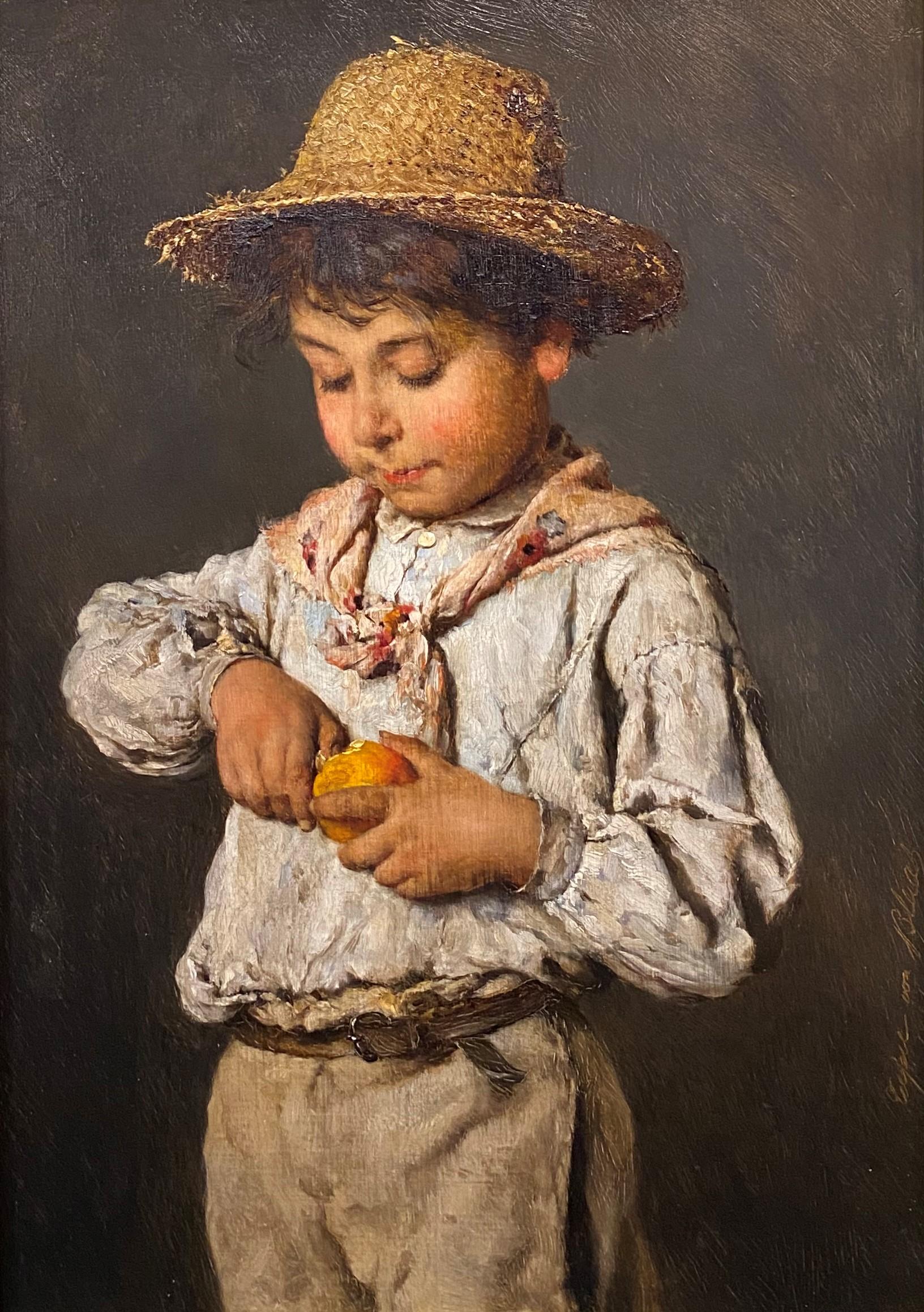 Portrait of a Boy Peeling Fruit - Painting by Eugene von Blaas