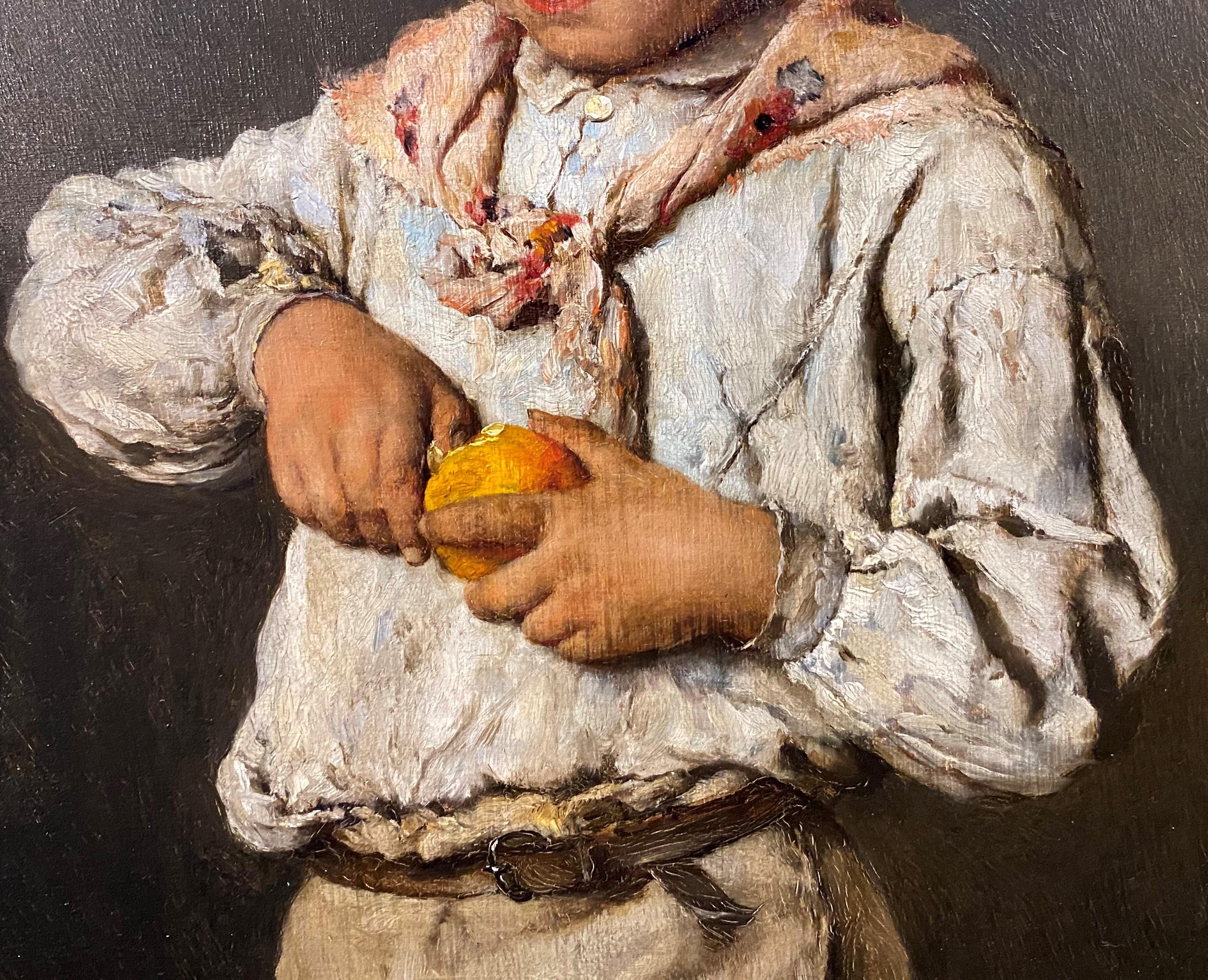 Portrait d'un garçon cueillant des fruits - Marron Portrait Painting par Eugene von Blaas