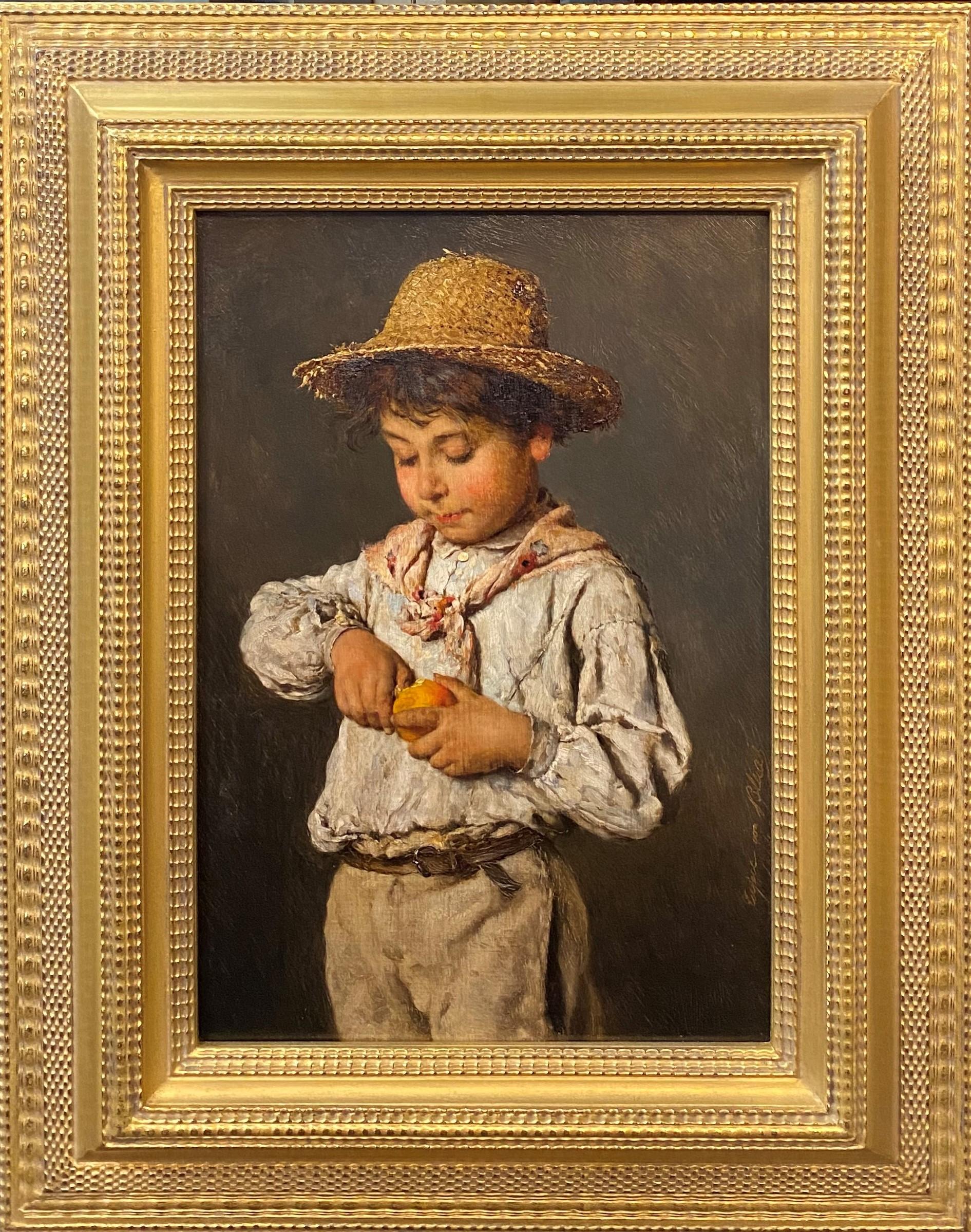 Eugene von Blaas Portrait Painting - Portrait of a Boy Peeling Fruit
