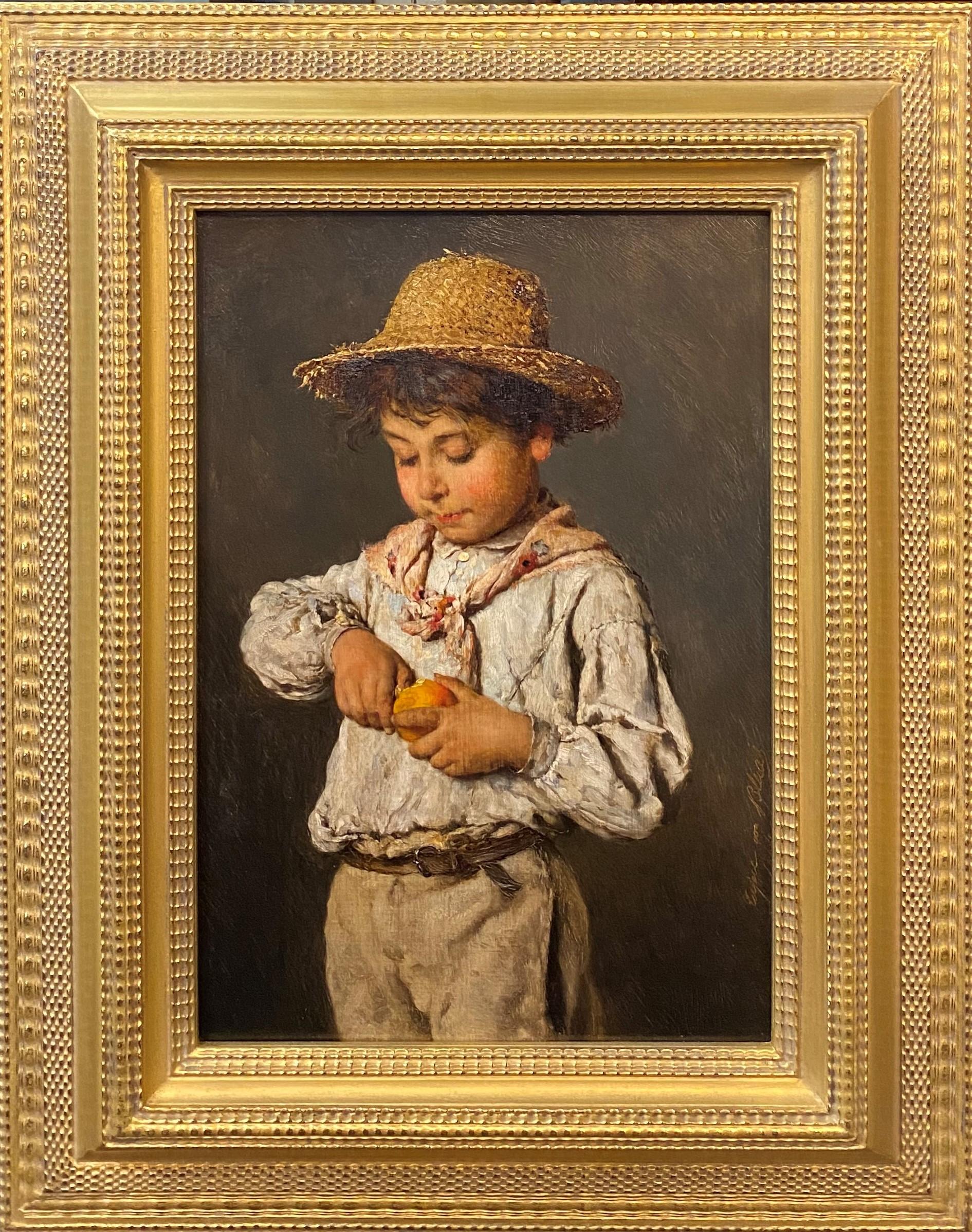 Portrait Painting di Eugene von Blaas - Ritratto di un ragazzo che sbuccia la frutta