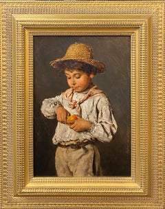 Antique Portrait of a Boy Peeling Fruit
