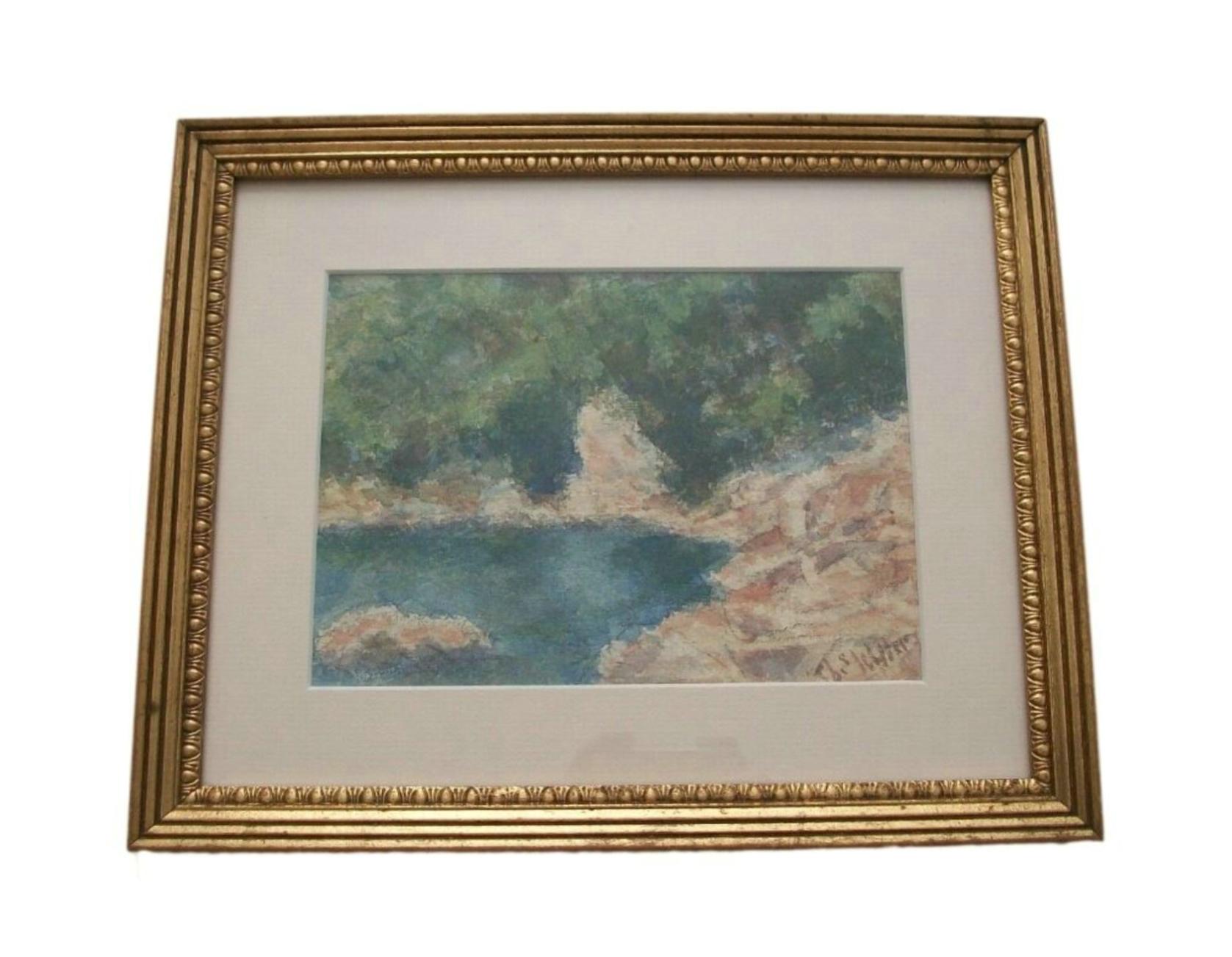 Eugene White - 'Untitled' - Impressionist watercolor landscape painting (over graphite) - vintage single matte board (acid free) - vintage gilt-wood frame with glass - signed and dated lower right - United States (Sarasota - Florida) - circa 1956.
