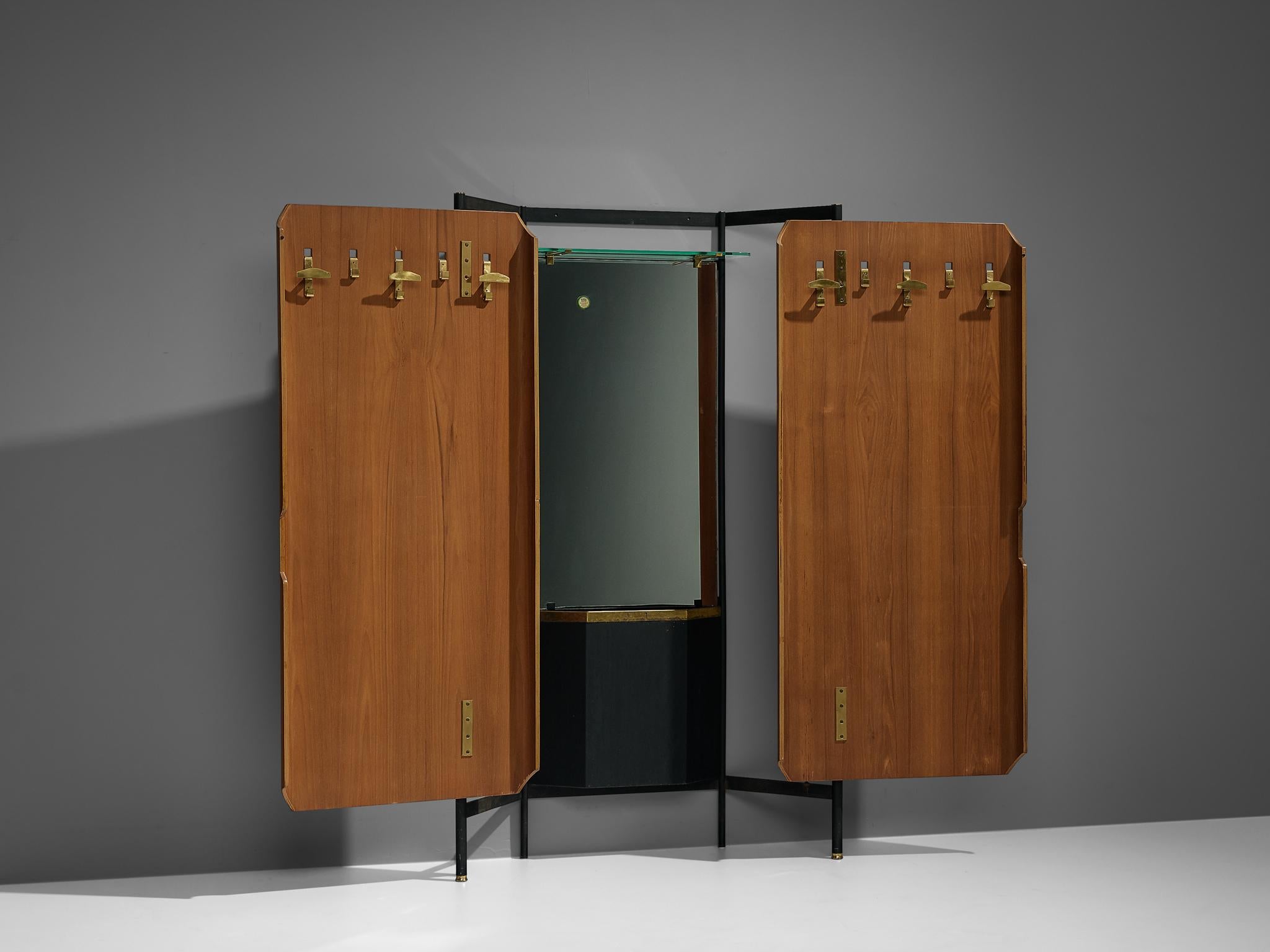 Eugenia Alberti Reggio and Rinaldo Scaioli for La Permanente Mobili di Cantù,  cabinet coat rack, plywood, teak veneer, metal, brass, glass, Italy, 1959

Eugenia Alberti Reggio & Rinaldo Scaioli designed this two door open coat rack cabinet in 1959.