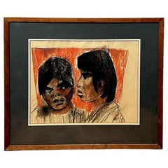 Vintage "Two Heads" Watercolor by Eugenia Francis Baker McComas 1954