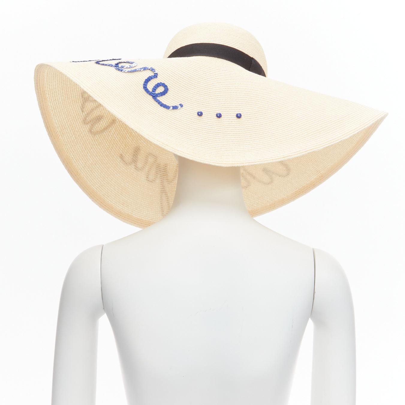 Women's EUGENIA KIM blue sequins Wish You Were Here beige toyo paper cotton sun hat For Sale