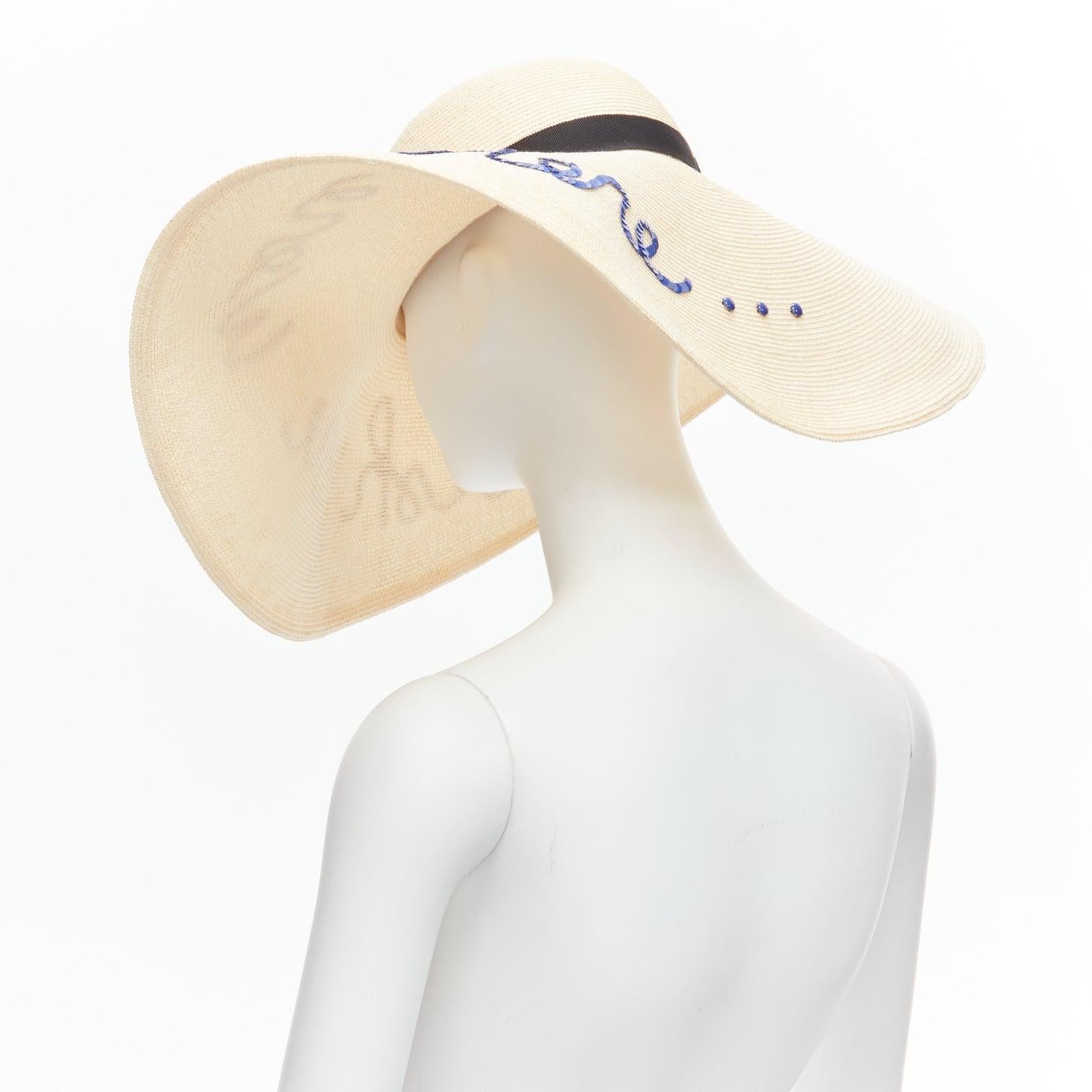 EUGENIA KIM blue sequins Wish You Were Here beige toyo paper cotton sun hat For Sale 1