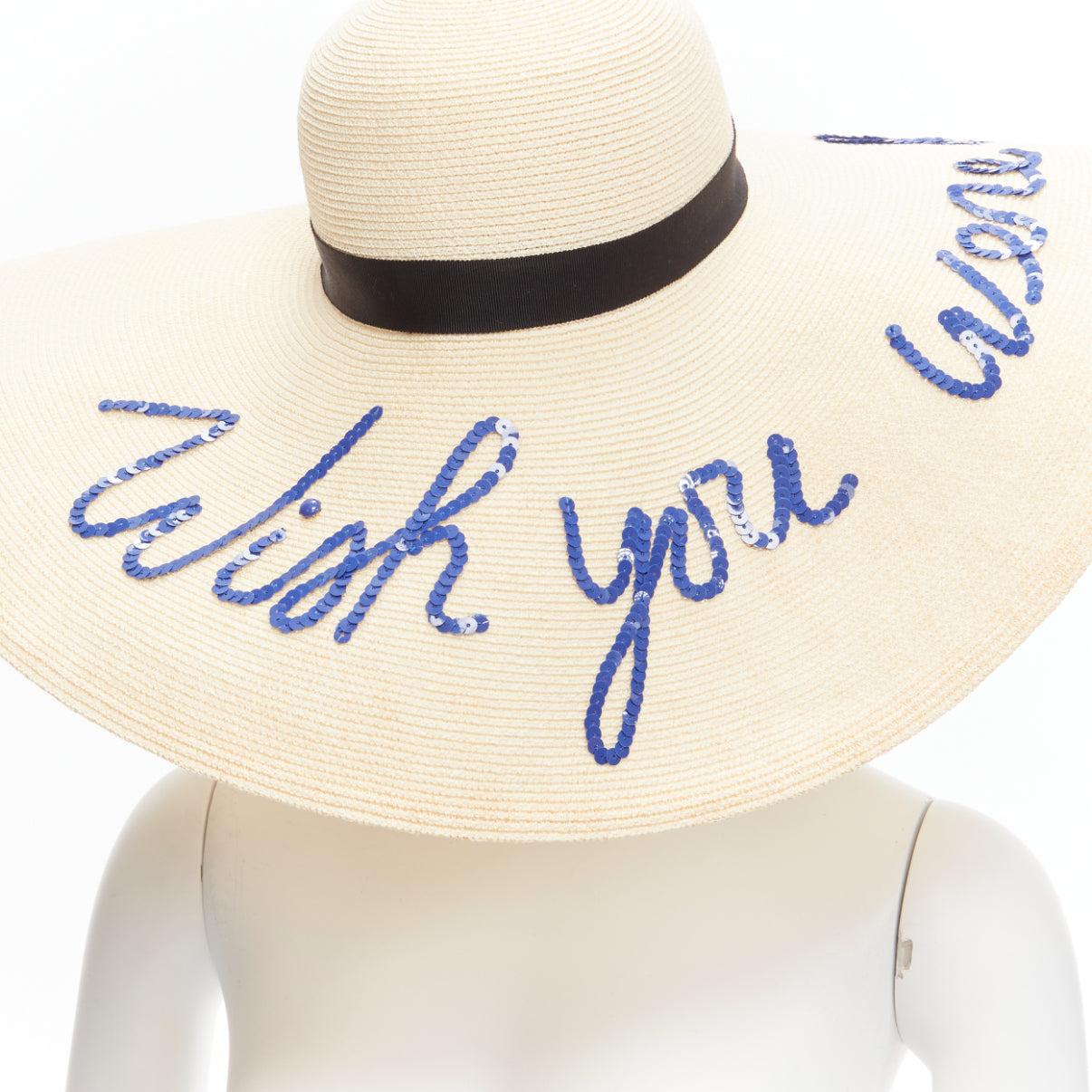 EUGENIA KIM blue sequins Wish You Were Here beige toyo paper cotton sun hat For Sale 2