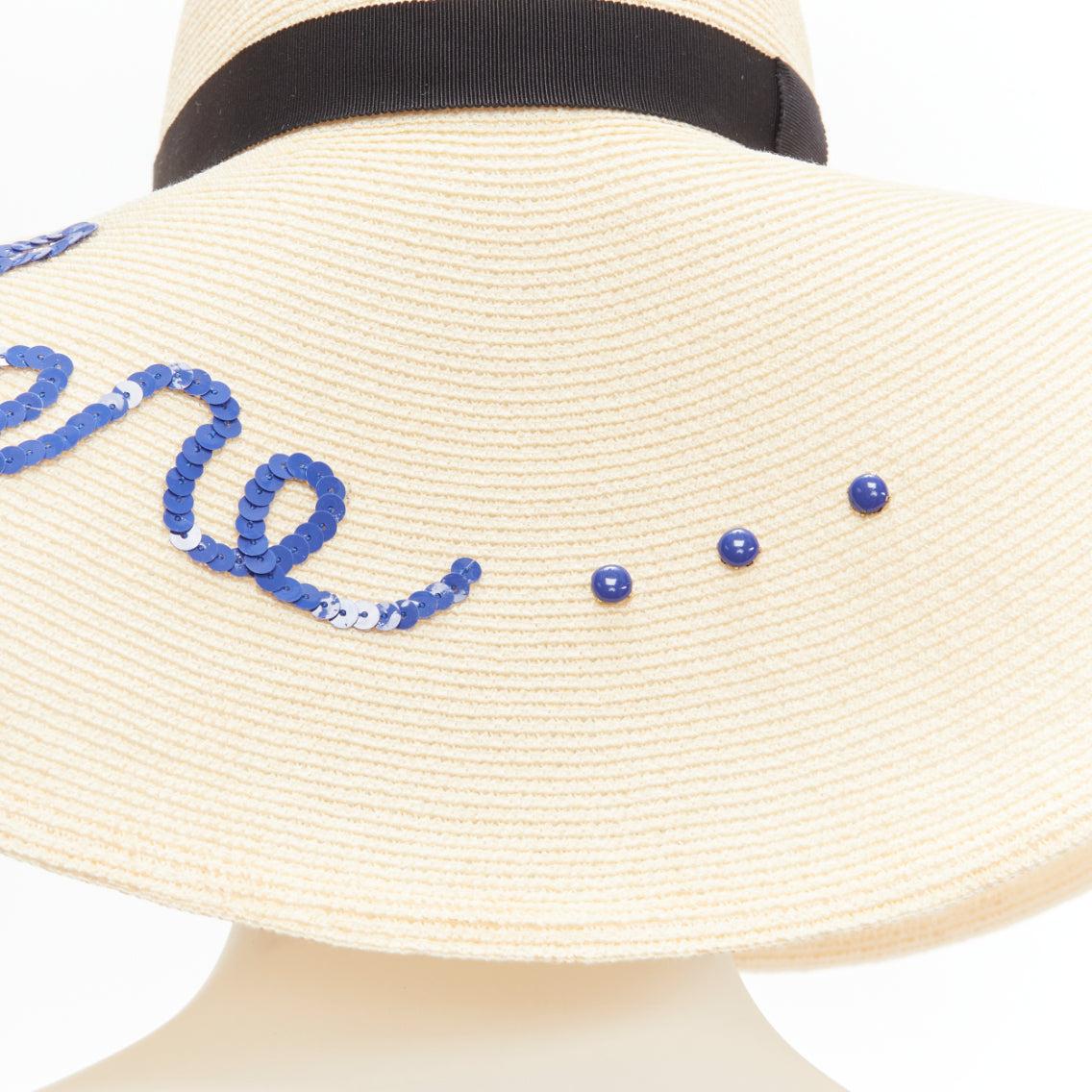EUGENIA KIM blue sequins Wish You Were Here beige toyo paper cotton sun hat For Sale 3