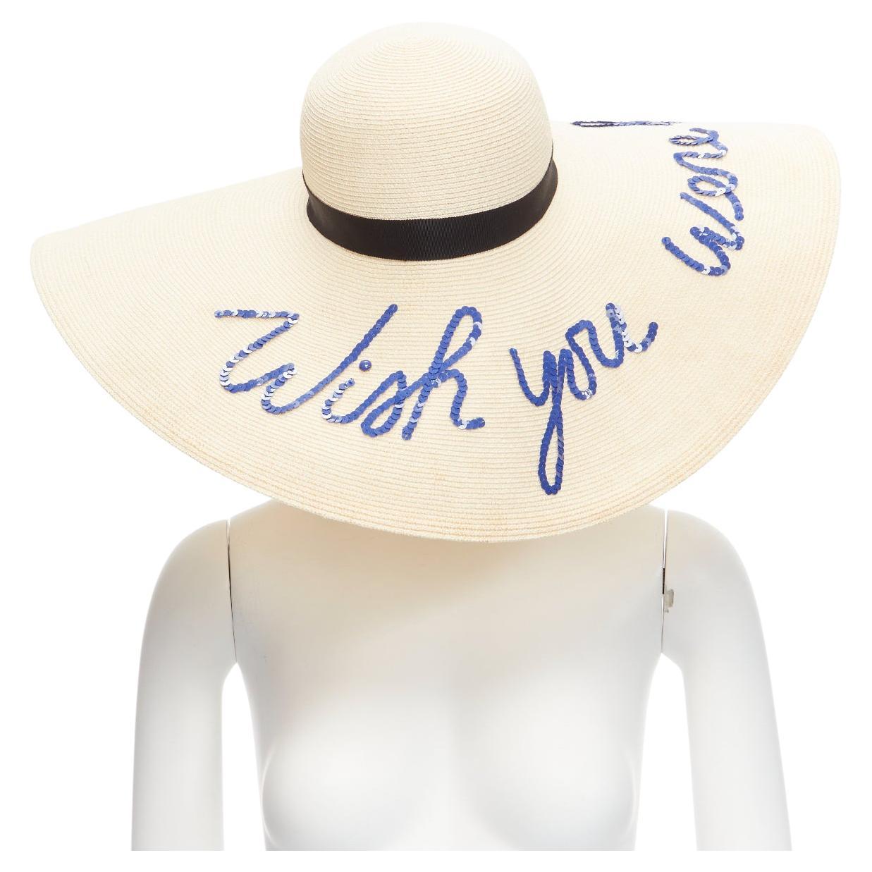 EUGENIA KIM blue sequins Wish You Were Here beige toyo paper cotton sun hat For Sale