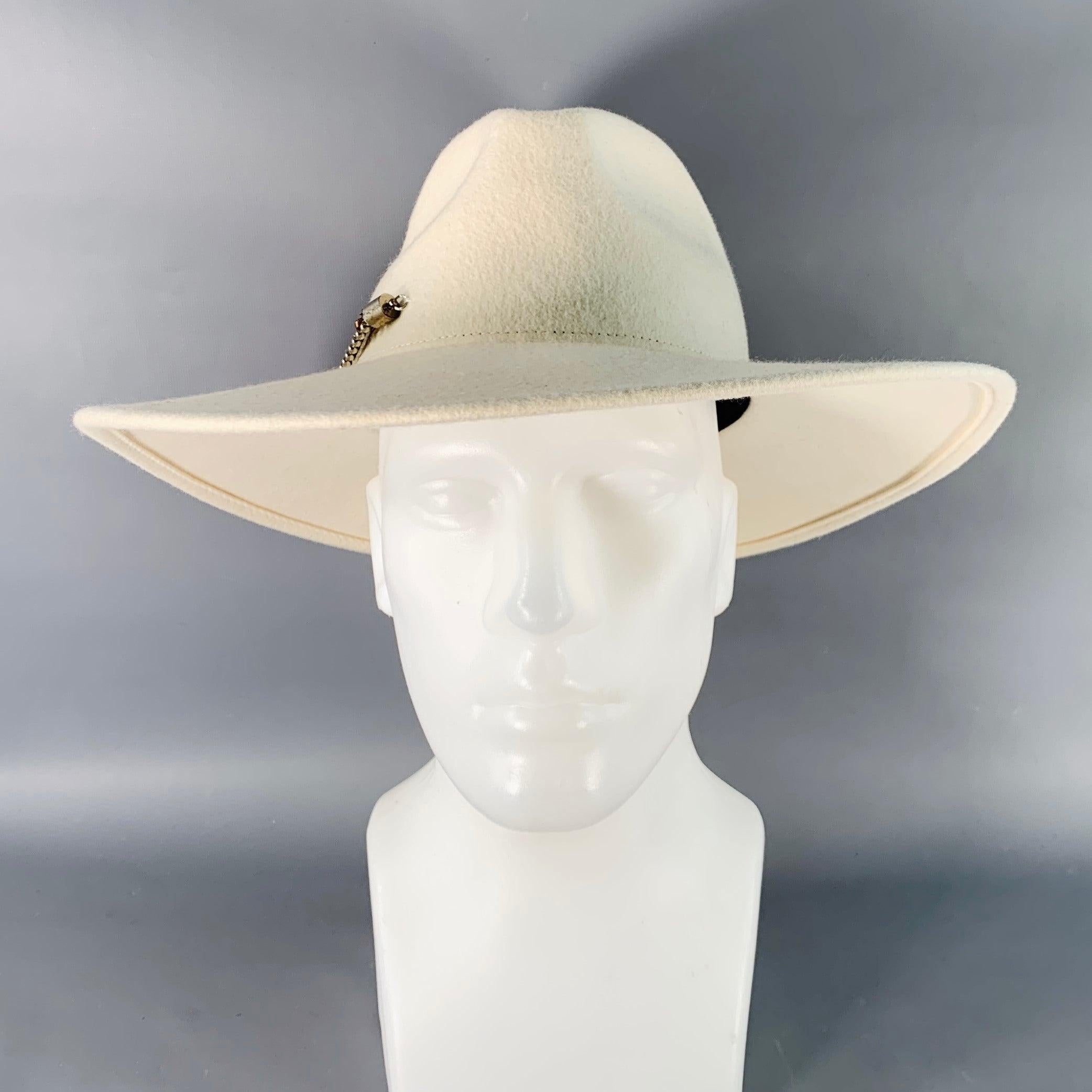 EUGENIA KIM One Size White Wool Felt Wide Brim Chain Trim Fedora Hat In Excellent Condition For Sale In San Francisco, CA