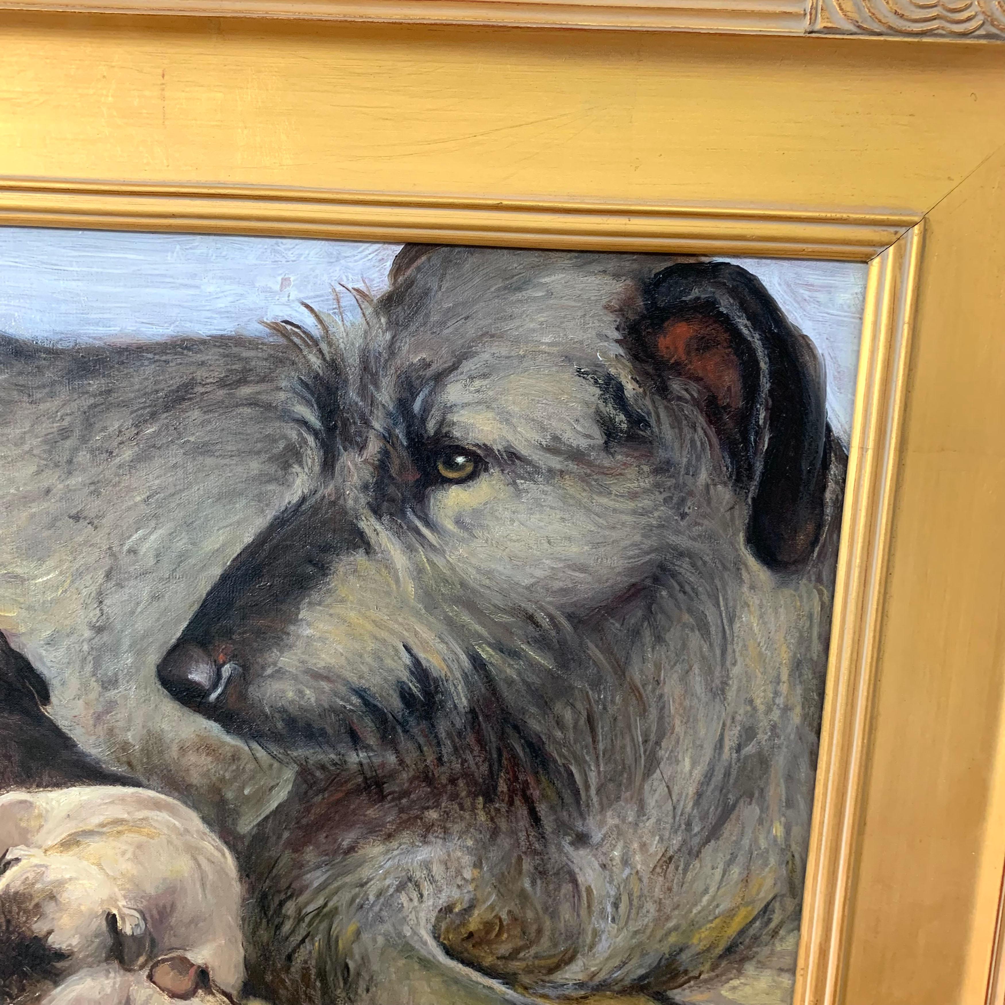 A 1930s era painting of a mother dog and her pups (litter of six) by the esteemed Chicago artist Eugenie Fish Glaman (1874-1956). Glaman was raised on a Kansas sheep farm and lived in Texas and then Chicago, IL where she studied at the Art Institute