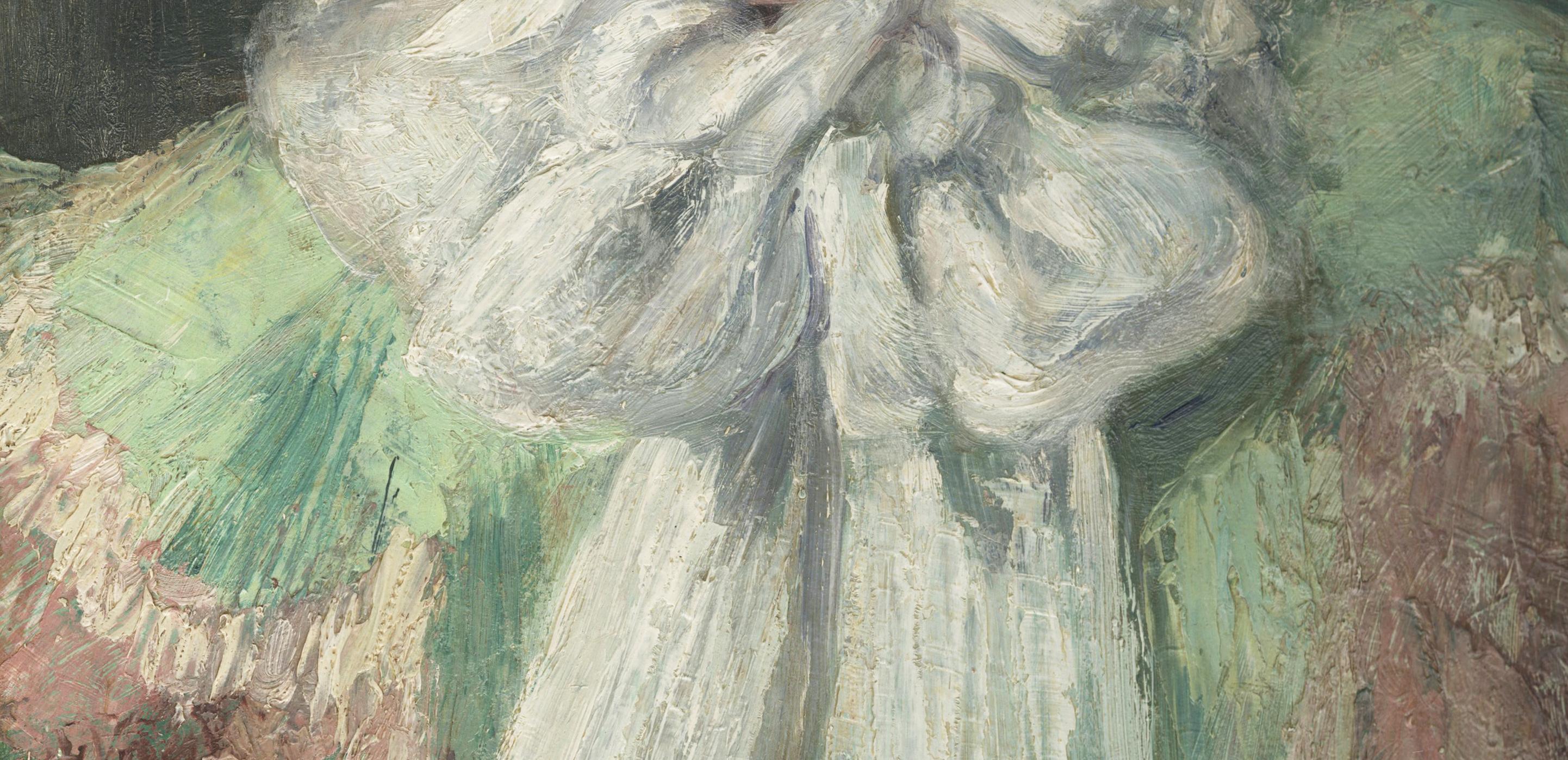 Le foulard blanc (autoportrait de l'artiste)
Huile sur carton, 1894
Signé et daté en bas à gauche : E M Heller  94 (voir image)
Encadré dans un cadre de style Whistler à feuilles de métal, Cadre : 23 x 18-1/2 x 1-5/8