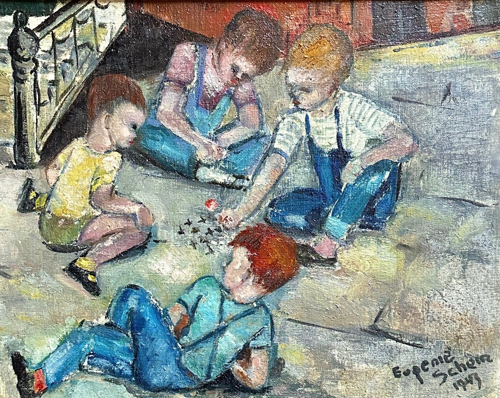 Untitled oil painting of children playing by Eugenie Schein For Sale 1
