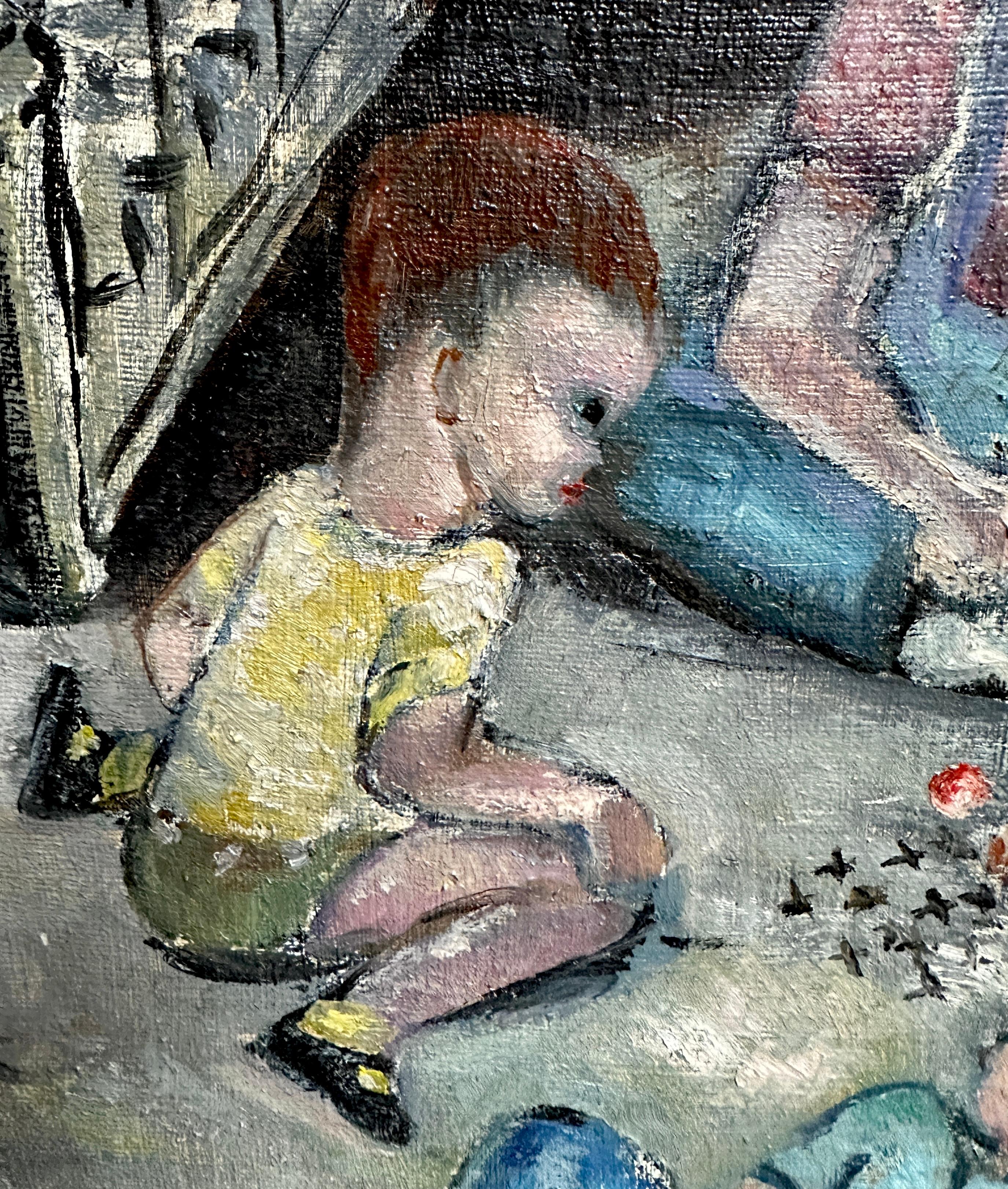 Untitled oil painting of children playing by Eugenie Schein For Sale 3