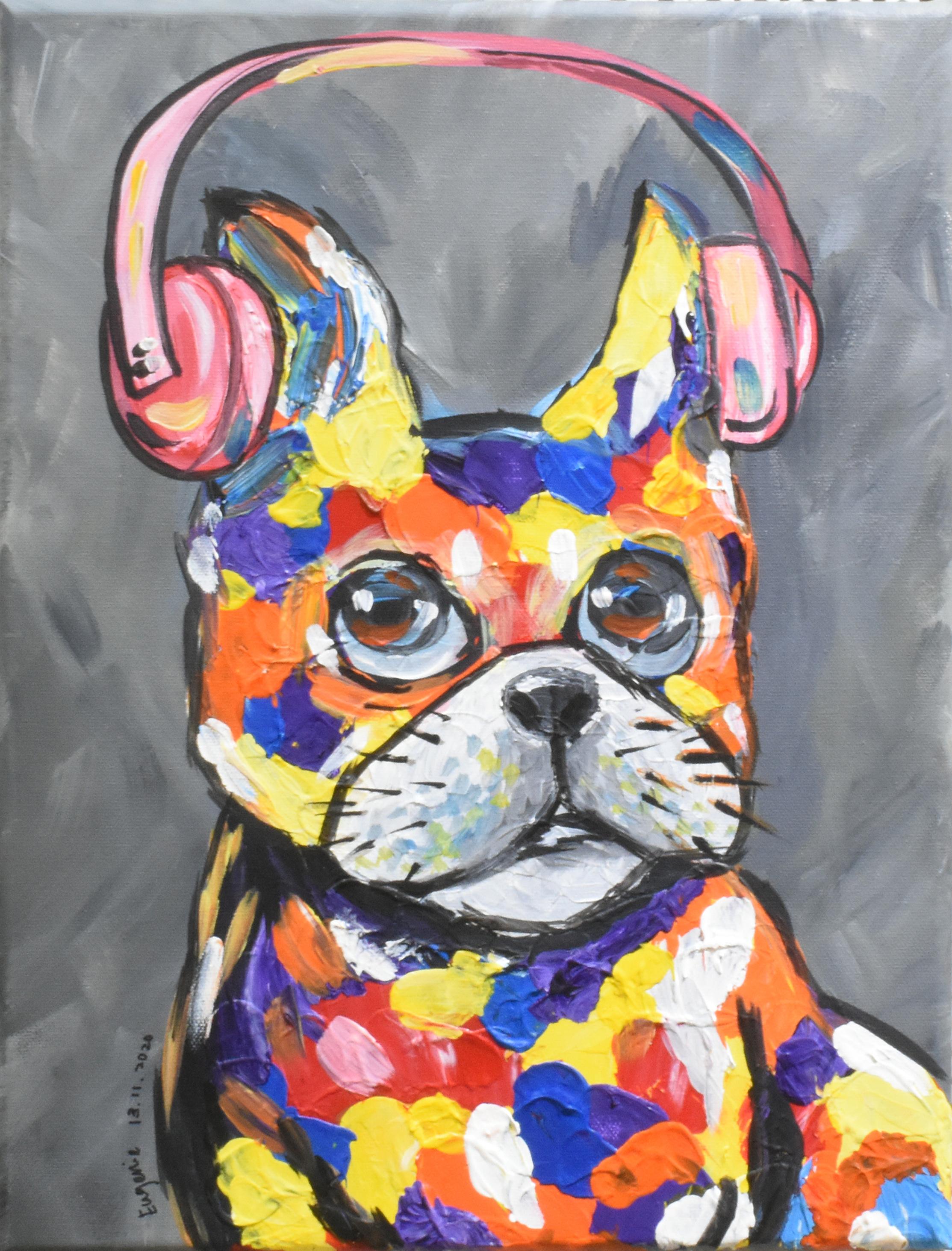 Eugenie Wee Portrait Painting - Playful Bull Dog wearing headset Portrait In Colorful Spots painted on canvas