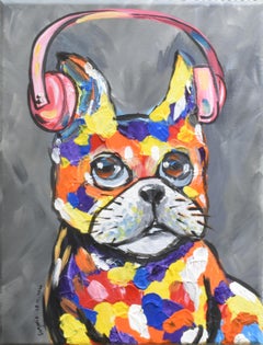 Playful Bull Dog wearing headset Portrait In Colorful Spots painted on canvas