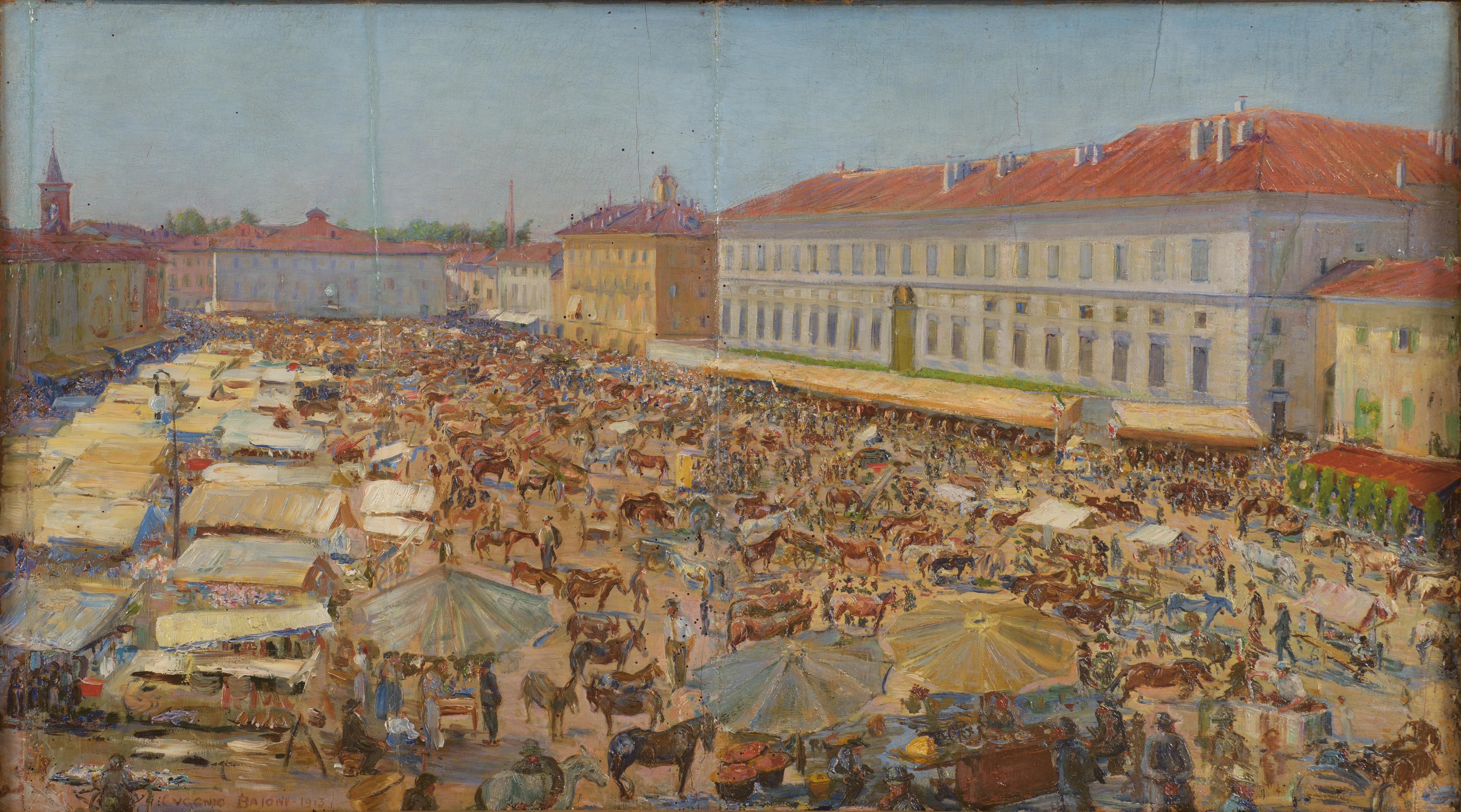 Eugenio Baioni (Monza 1880 – 1936), L’ultima fiera di San Giovanni (1913)

Trittico di dipinti su tavola in cornice di cm 77 x 193 firmati e datati in basso a sinistra, sul retro sono presenti iscrizioni con il titolo dell’opera e la data e 3