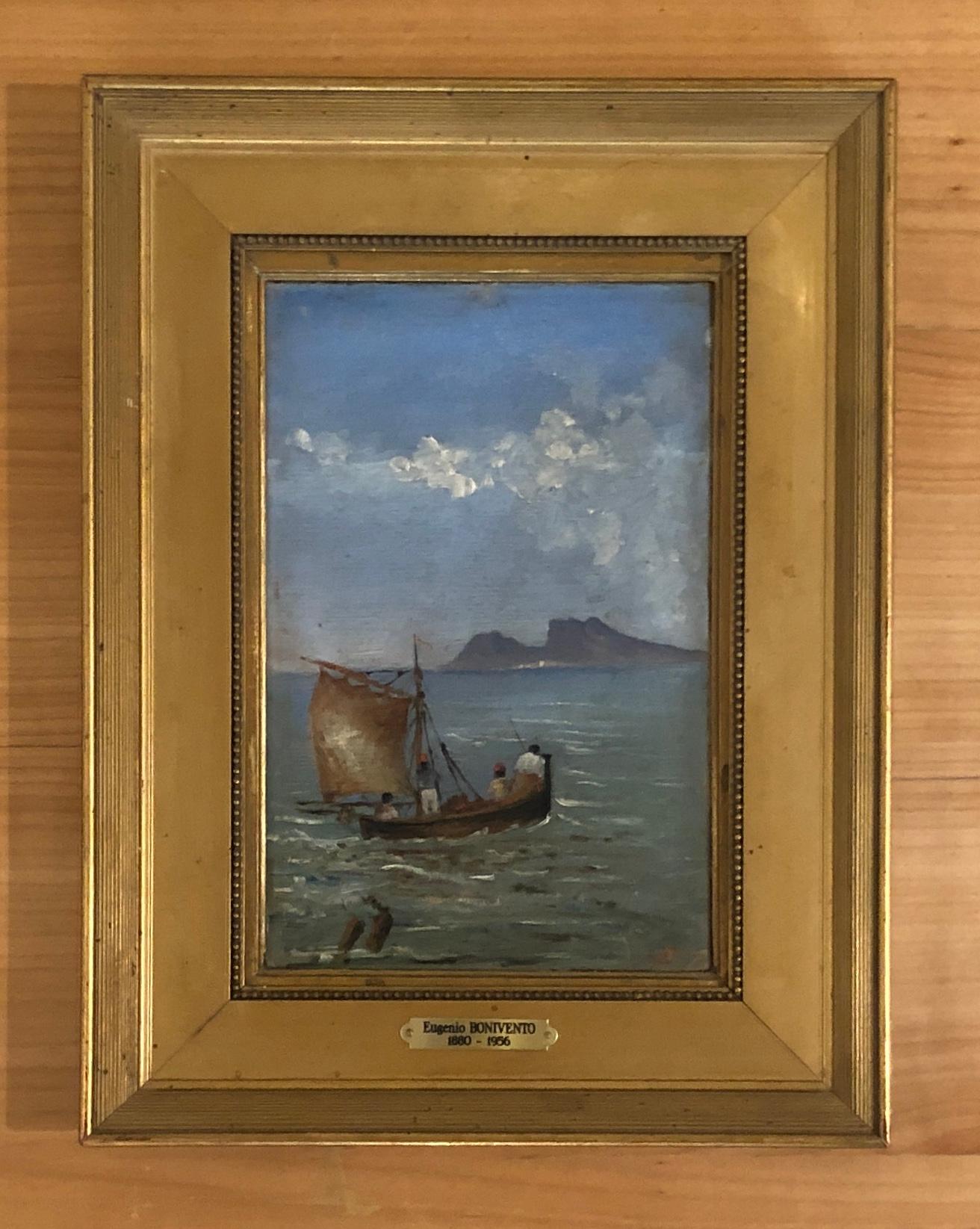 Fishermen in the Gulf of Naples in front of the island of Capri - Painting by Eugenio Bonivento