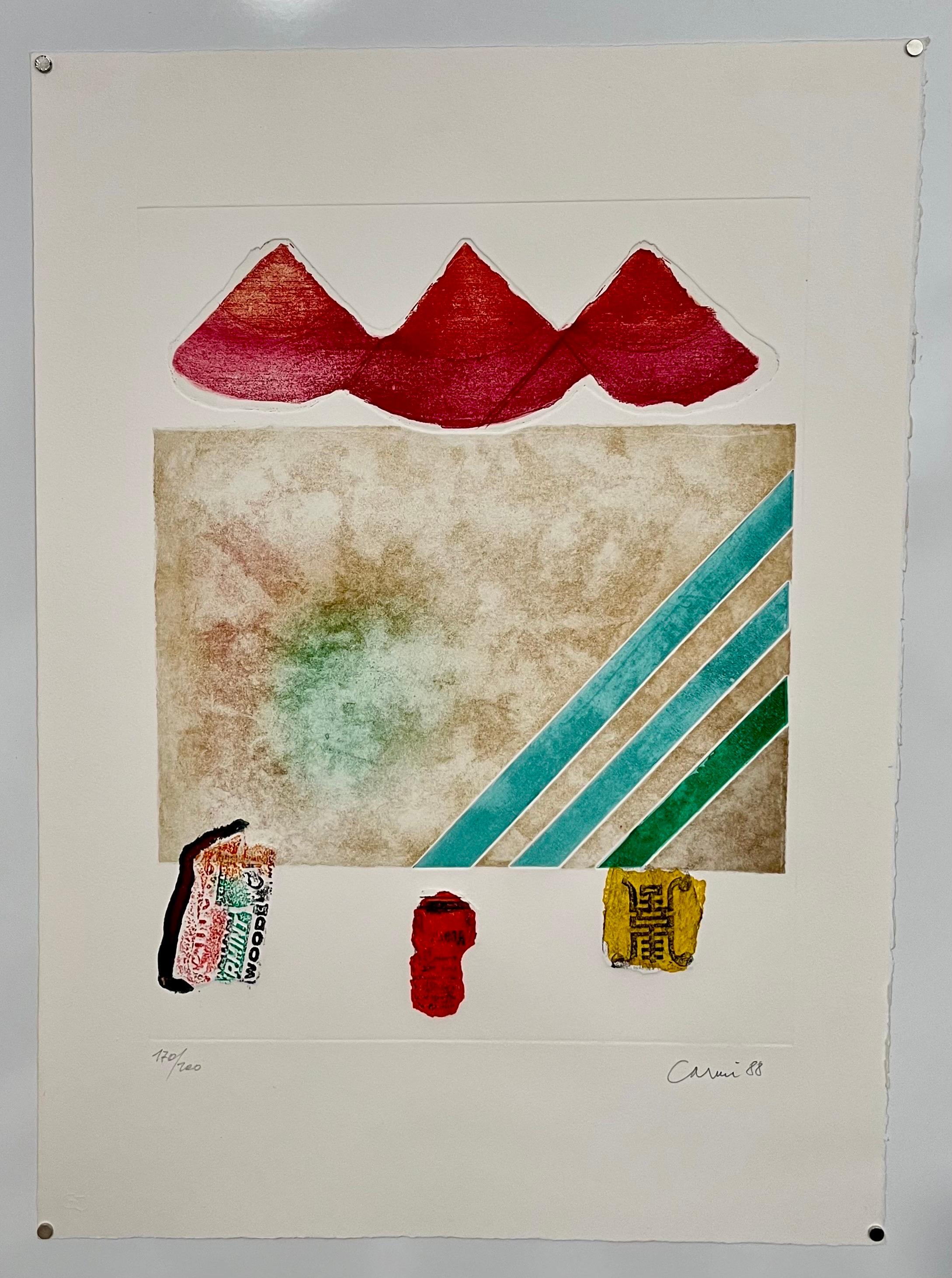 Italienische abstrakte Aquatinta Collage Lithographie Druck Eugenio Carmi 80er Jahre Memphis Ära im Angebot 1