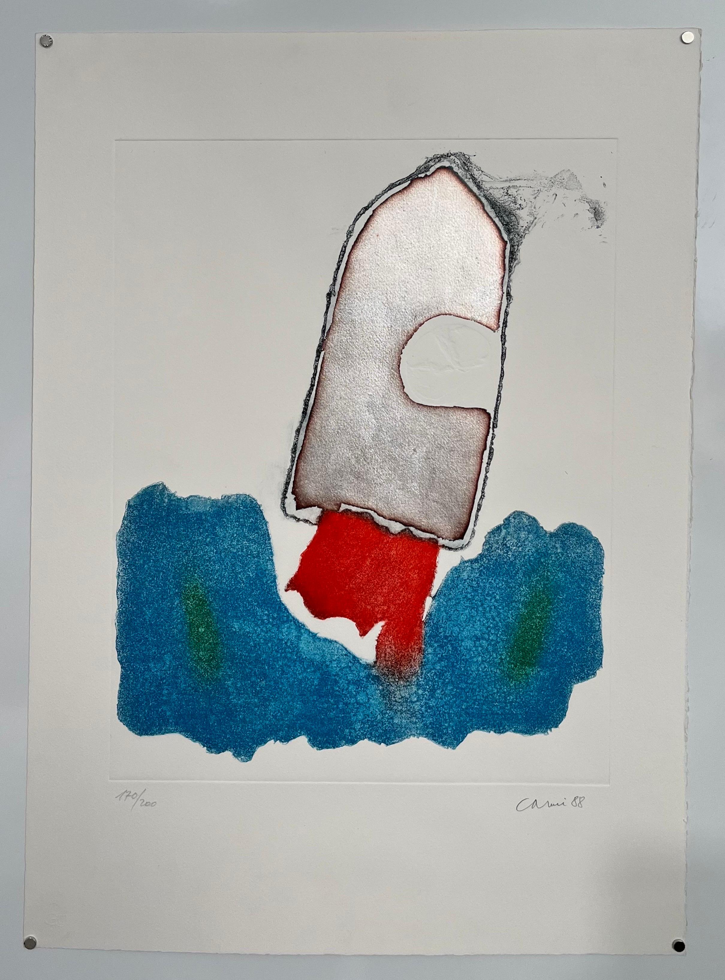 Italian Abstract Aquatint Collage Lithograph Print Eugenio Carmi 80s Memphis Era For Sale 1