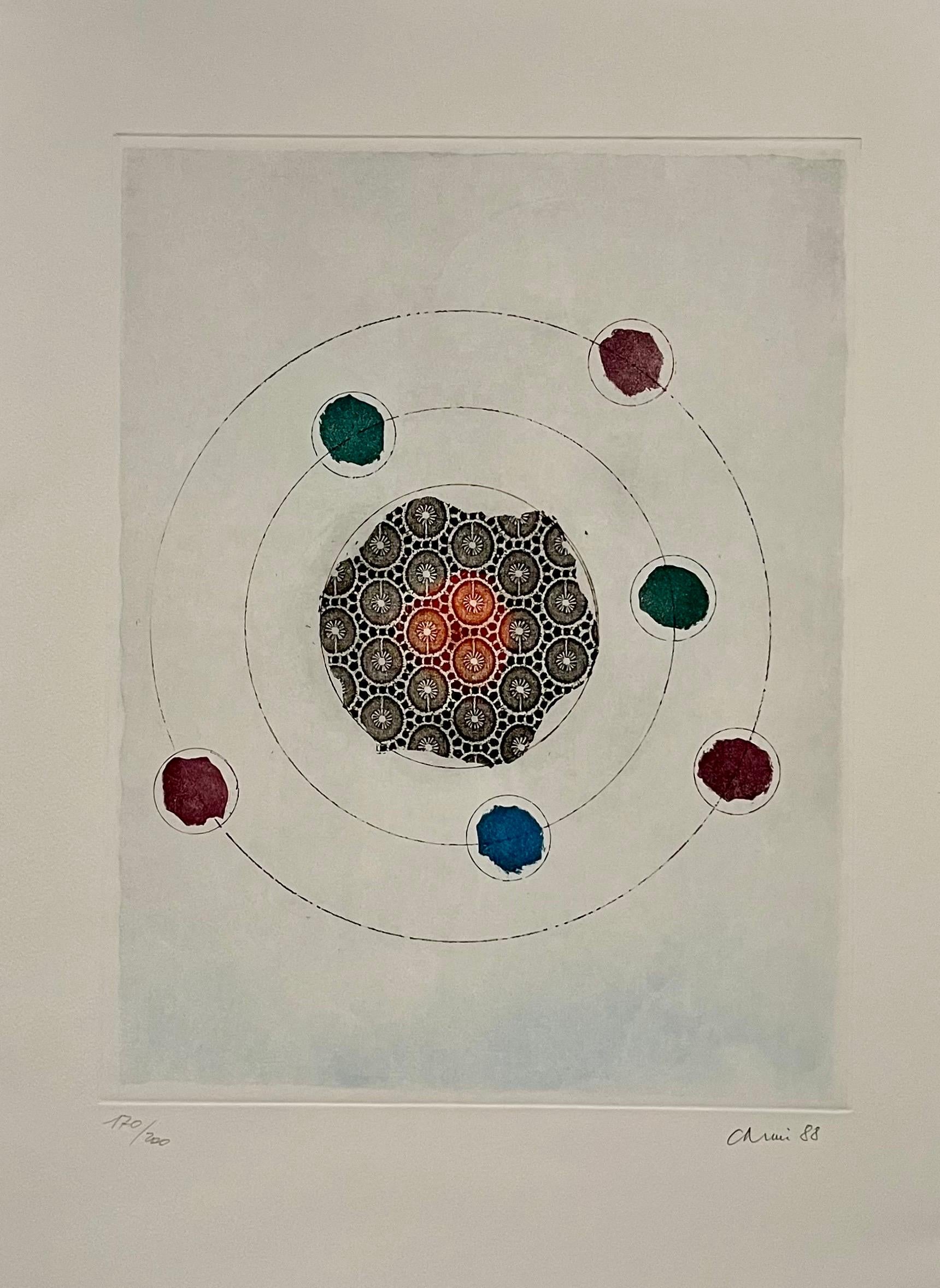 Genre: Modern, Modernist
Subject: Abstract
Medium: Print, Aquatint with metal foil
Hand signed dated 1988, limited edition
Surface: Paper
Country: Italy
Dimensions: 26" x 20" approximately

Eugenio Carmi is an Italian painter born in 1920 in Genoa.
