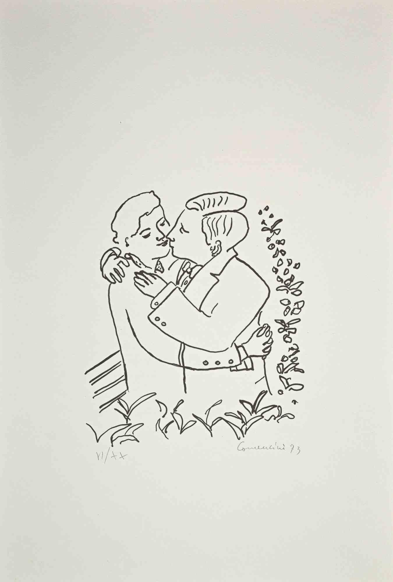 The Couple is an original etching and drypoint on paper, realized by the Italian artist Eugenio Comencini.

In good condition.

Hand-signed.

Numbered. Edition, VI/XX.

This contemporary piece is depicted through strong lines and intense black and