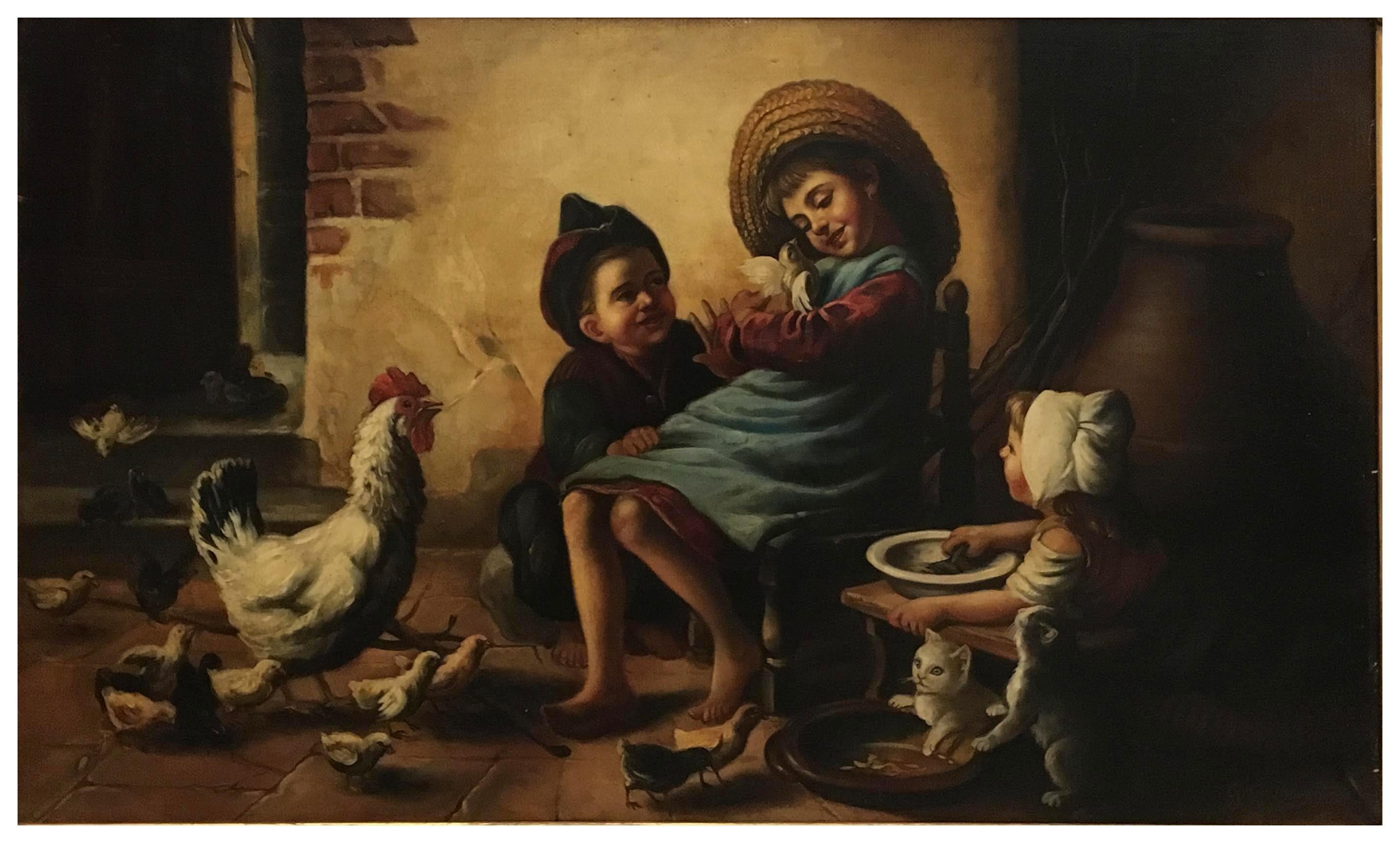 SCENA INTERNA - Scuola belga -  Quadro figurativo italiano ad olio su tela - Painting di Eugenio De Blasi
