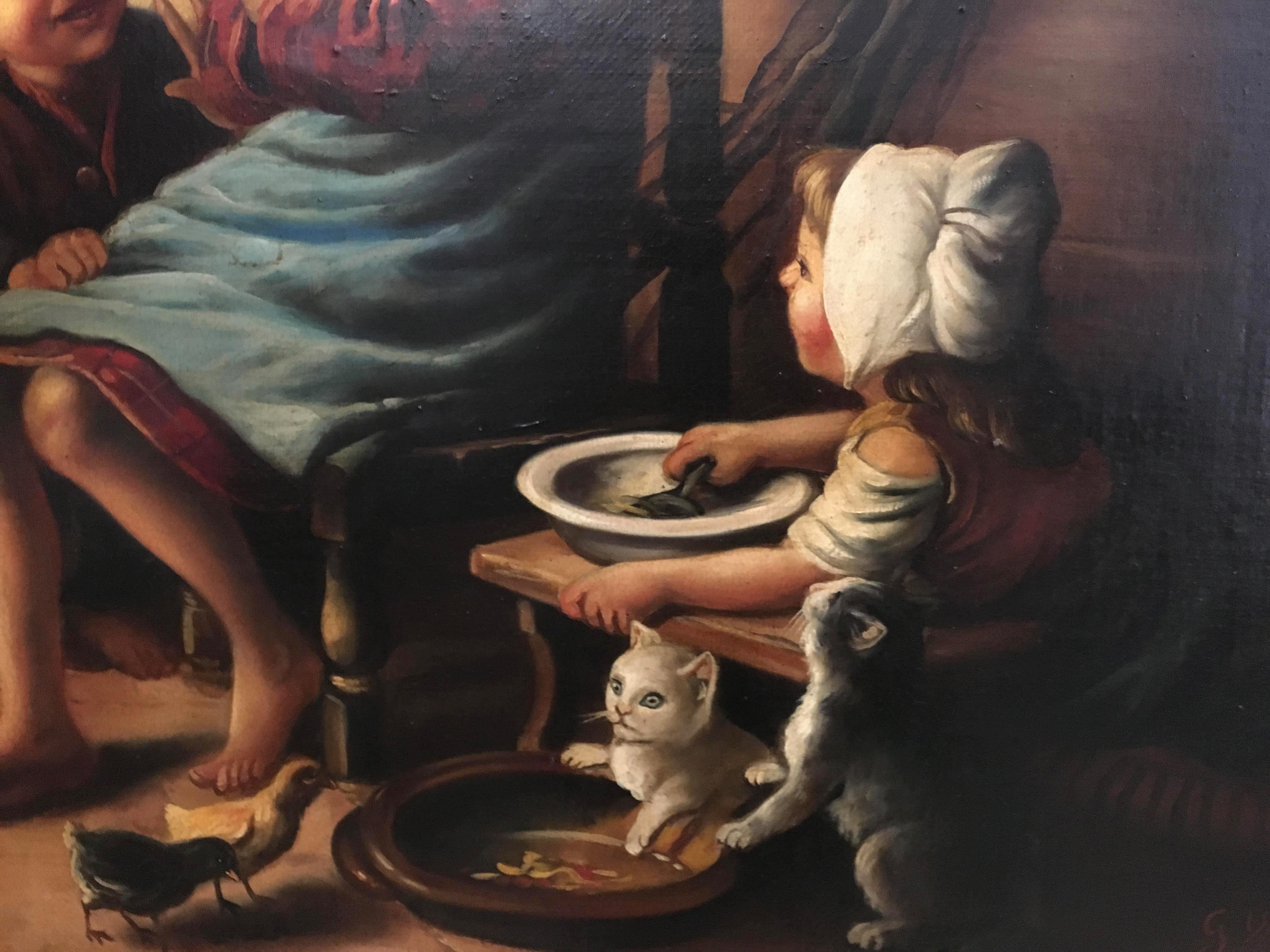 INSIDE SCENE- Belgian School -  Italian figurative oil on canvas painting For Sale 1