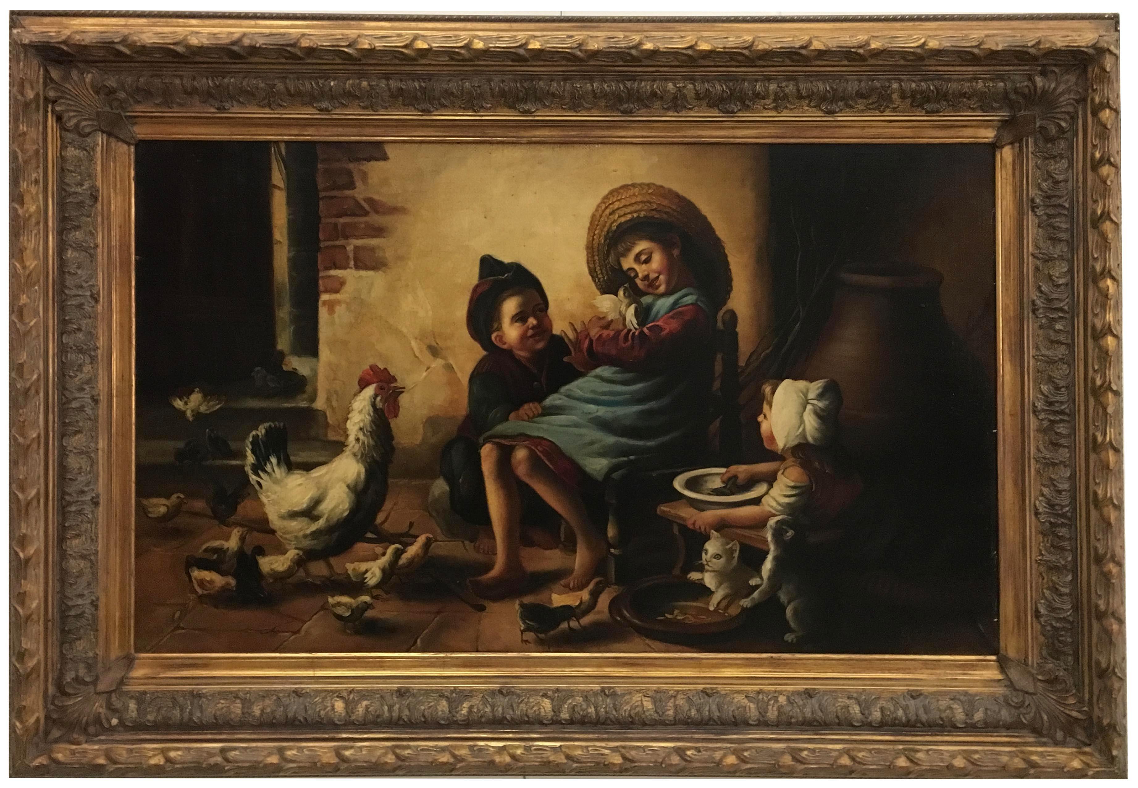ESCENA INTERIOR- Escuela Belga -  Pintura figurativa italiana al óleo sobre lienzo