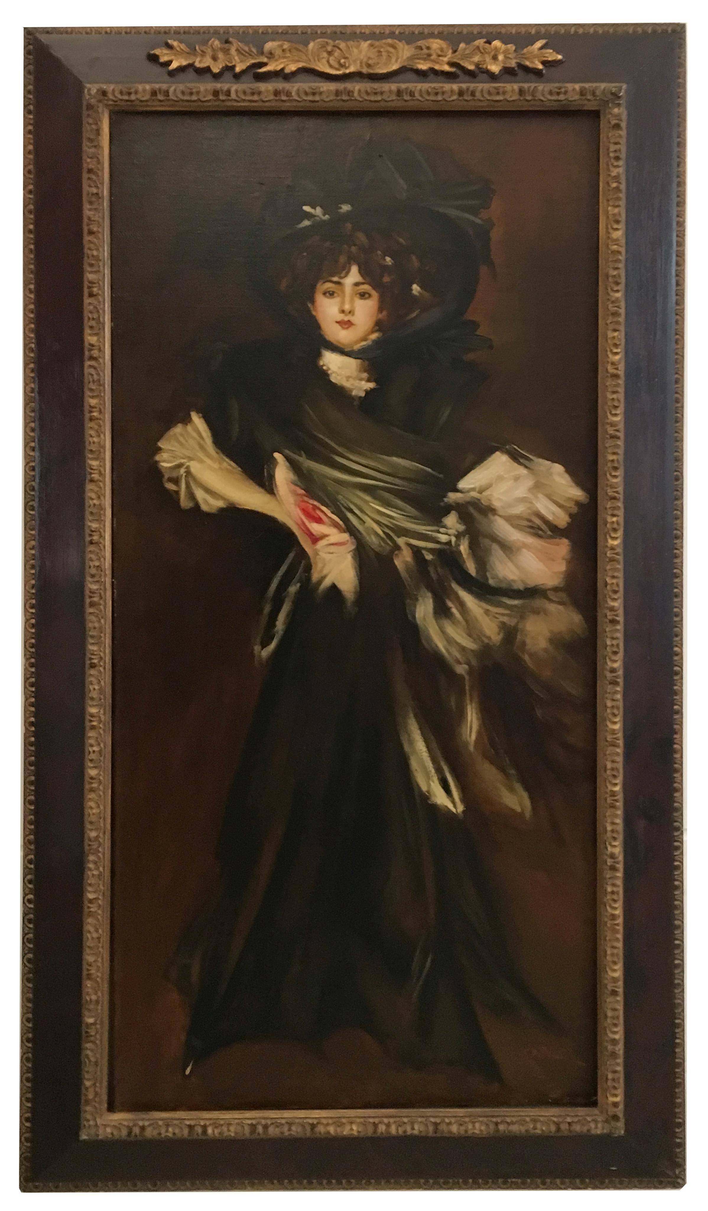 LADY IN BLACK-In the Manner of G. Bodini Italy figurative oil on canvas painting