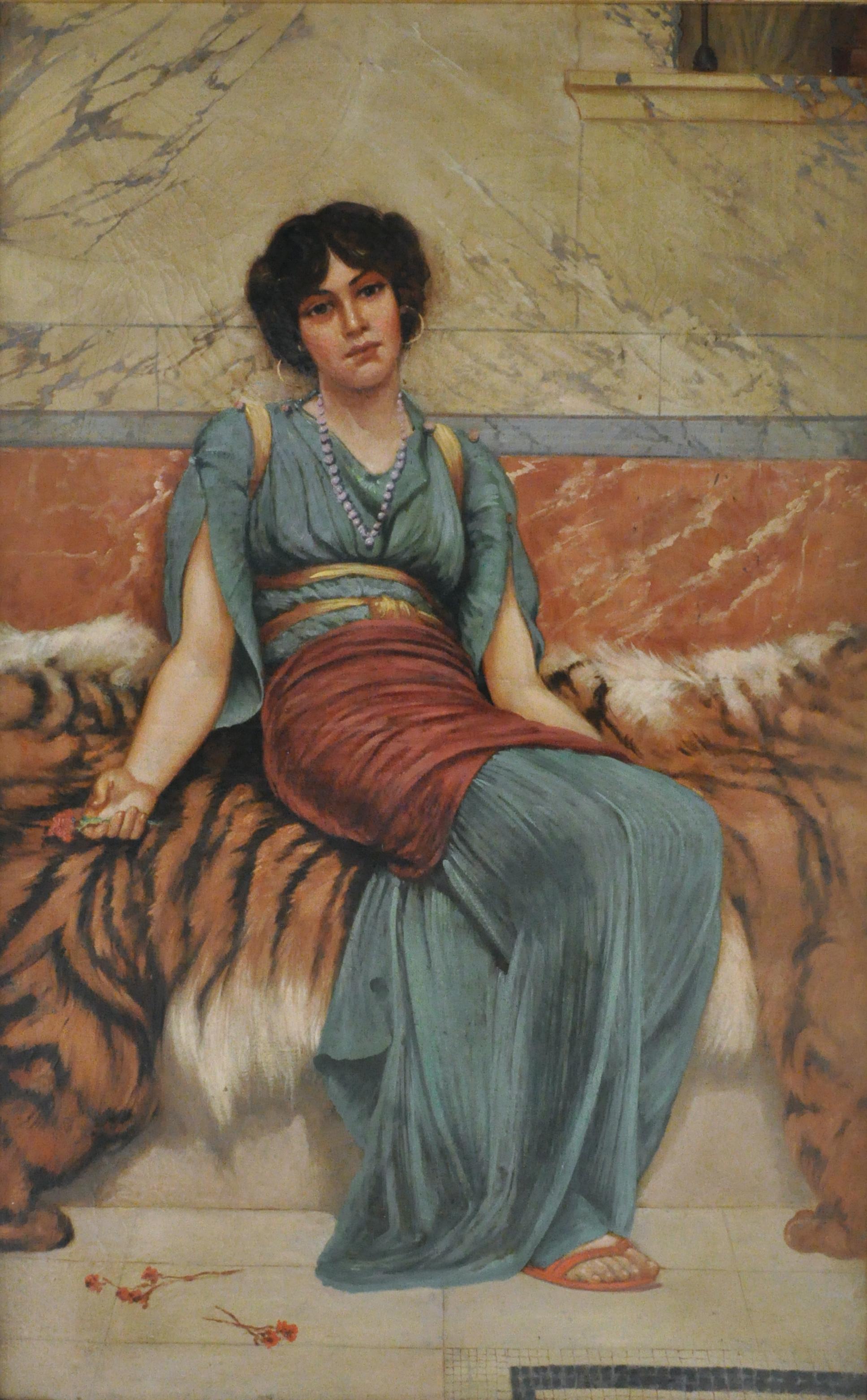 NEOCLASSICAL FIGURE -In theManner of J. W. Godward Italy  Oil on canvas painting - Painting by Eugenio De Blasi