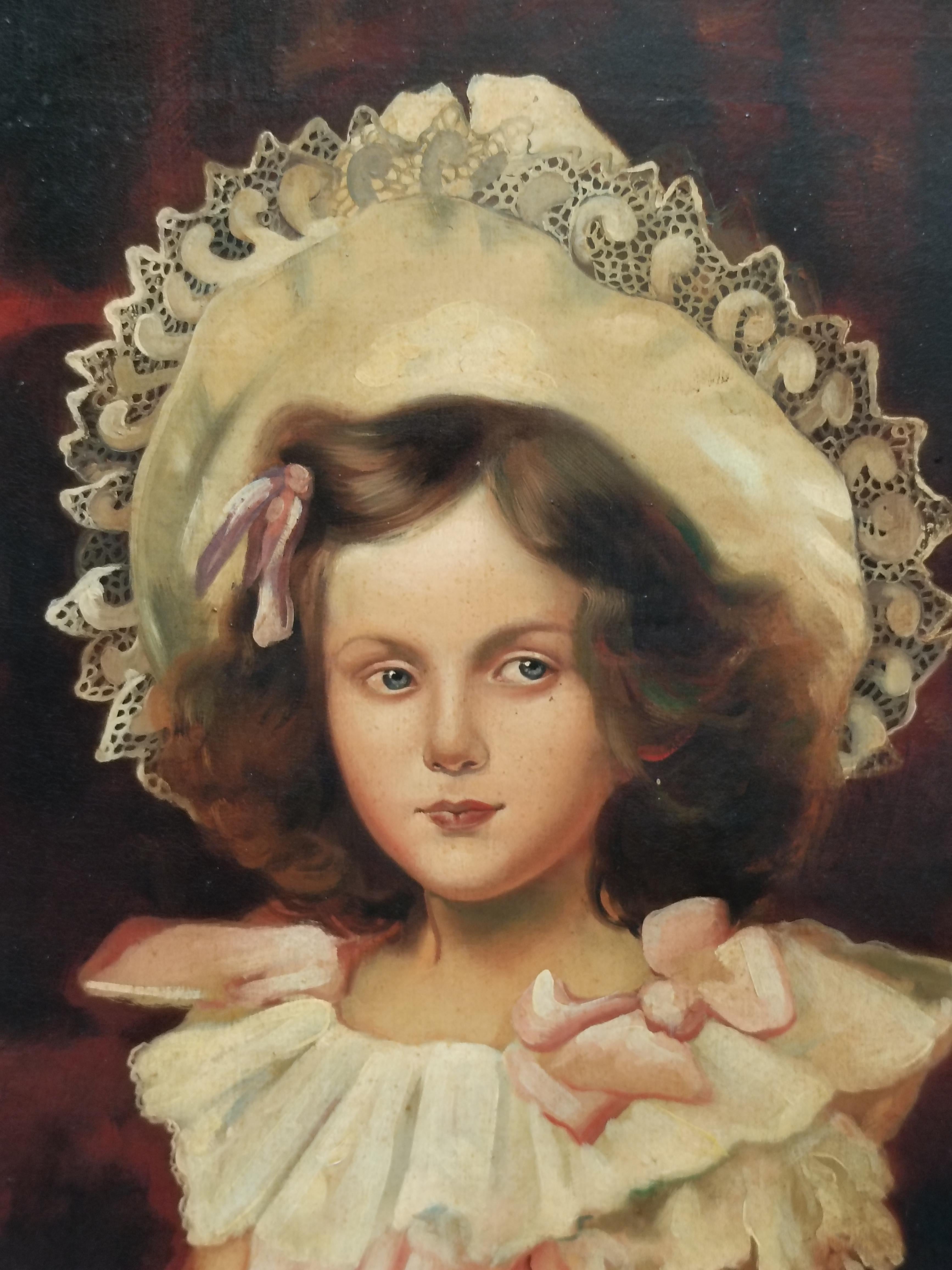 PORTRAIT OF LITTLE GIRL – Italienisches Gemälde der deutschen Schule, Öl auf Leinwand, Porträt, im Angebot 7