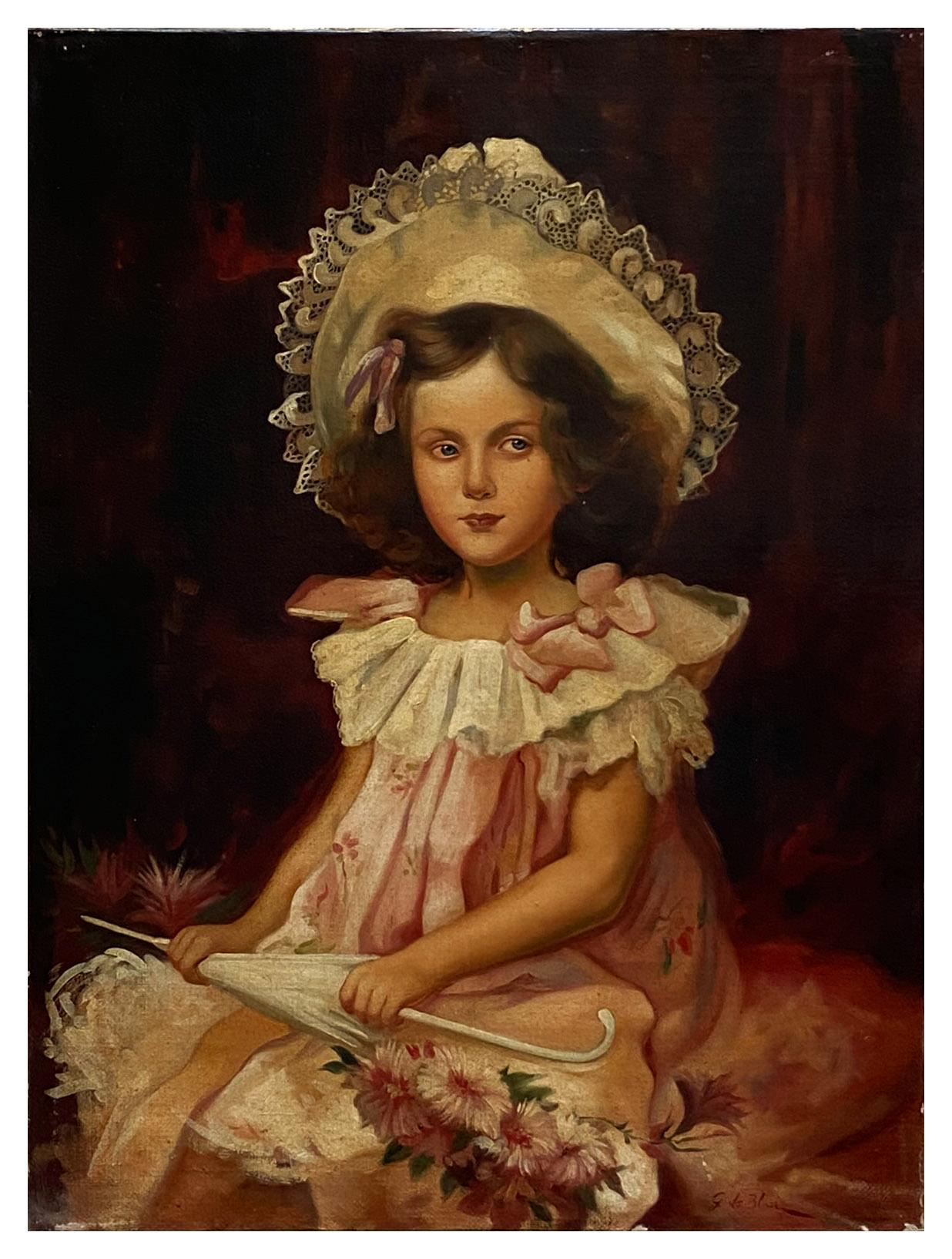 PORTRAIT OF LITTLE GIRL - German School Italian Oil on canvas painting,  - Painting by Eugenio De Blasi