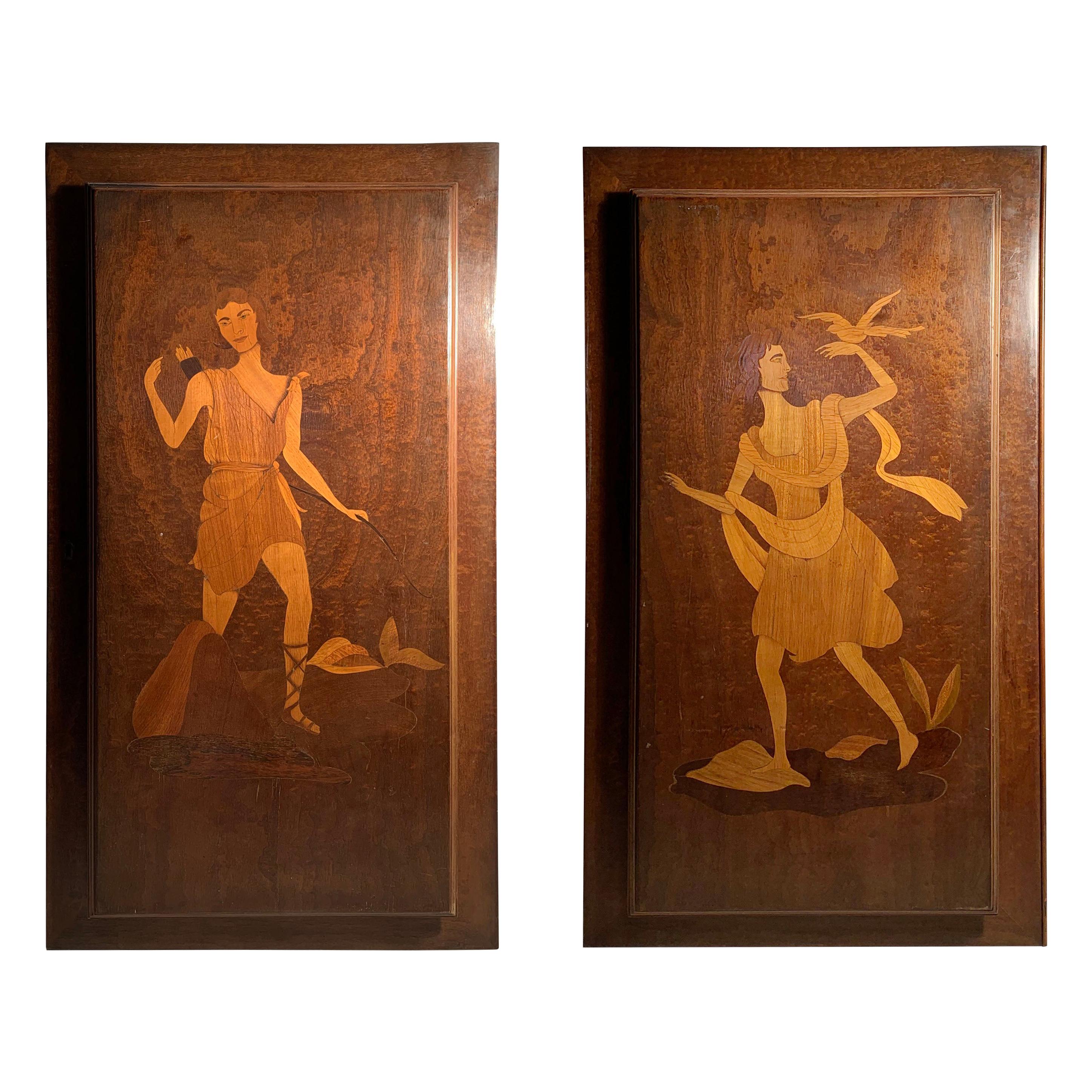 Large Eugenio Diez Illuminated Marquetry Wall Hangings or Cabinet Doors