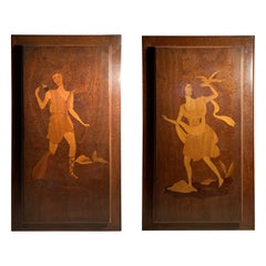 Vintage Large Eugenio Diez Illuminated Marquetry Wall Hangings or Cabinet Doors