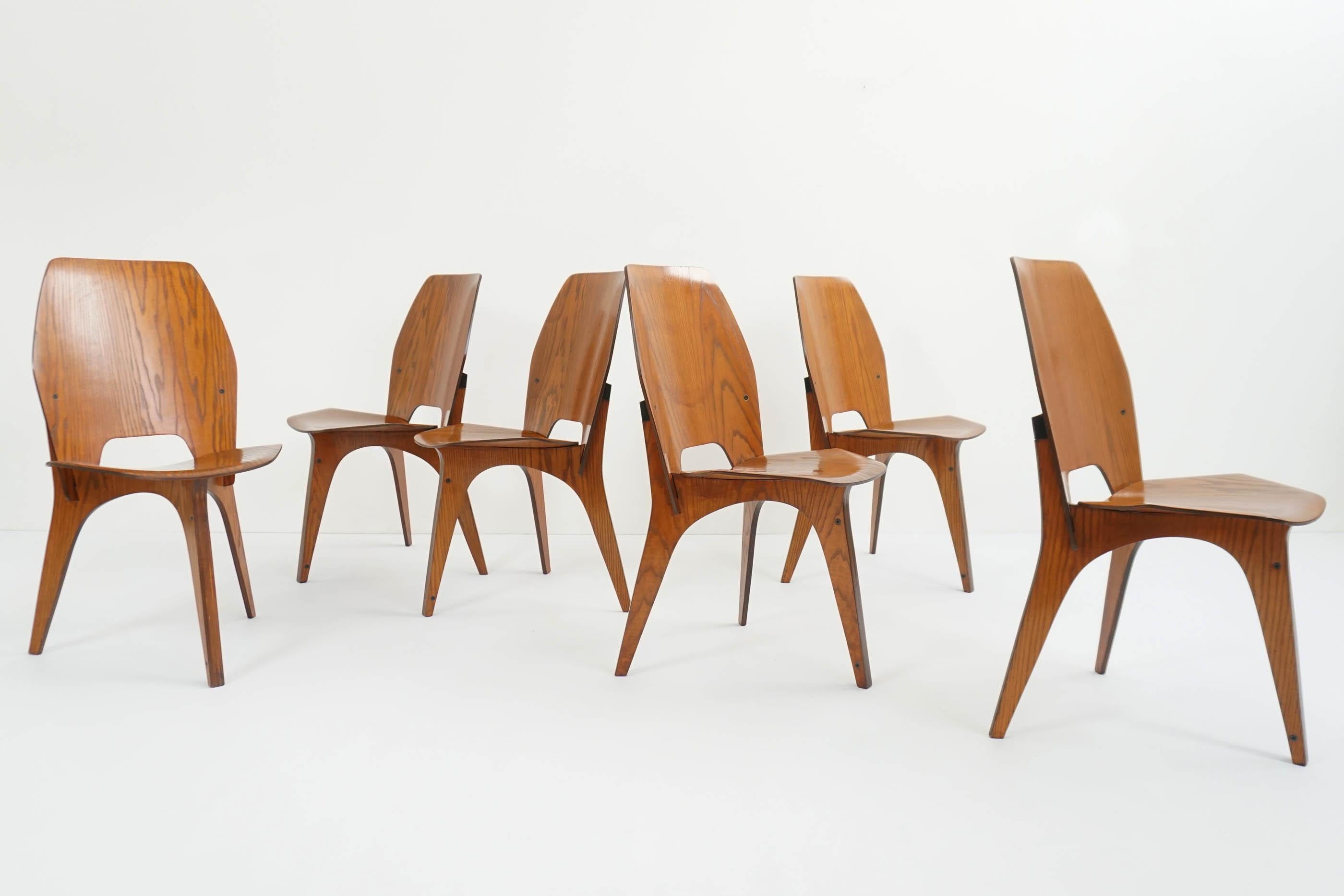 Eugenio Gerli for Tecno, Italy 1959 Iconic and Rare Set of 6 Teak Plywood Chairs For Sale 7
