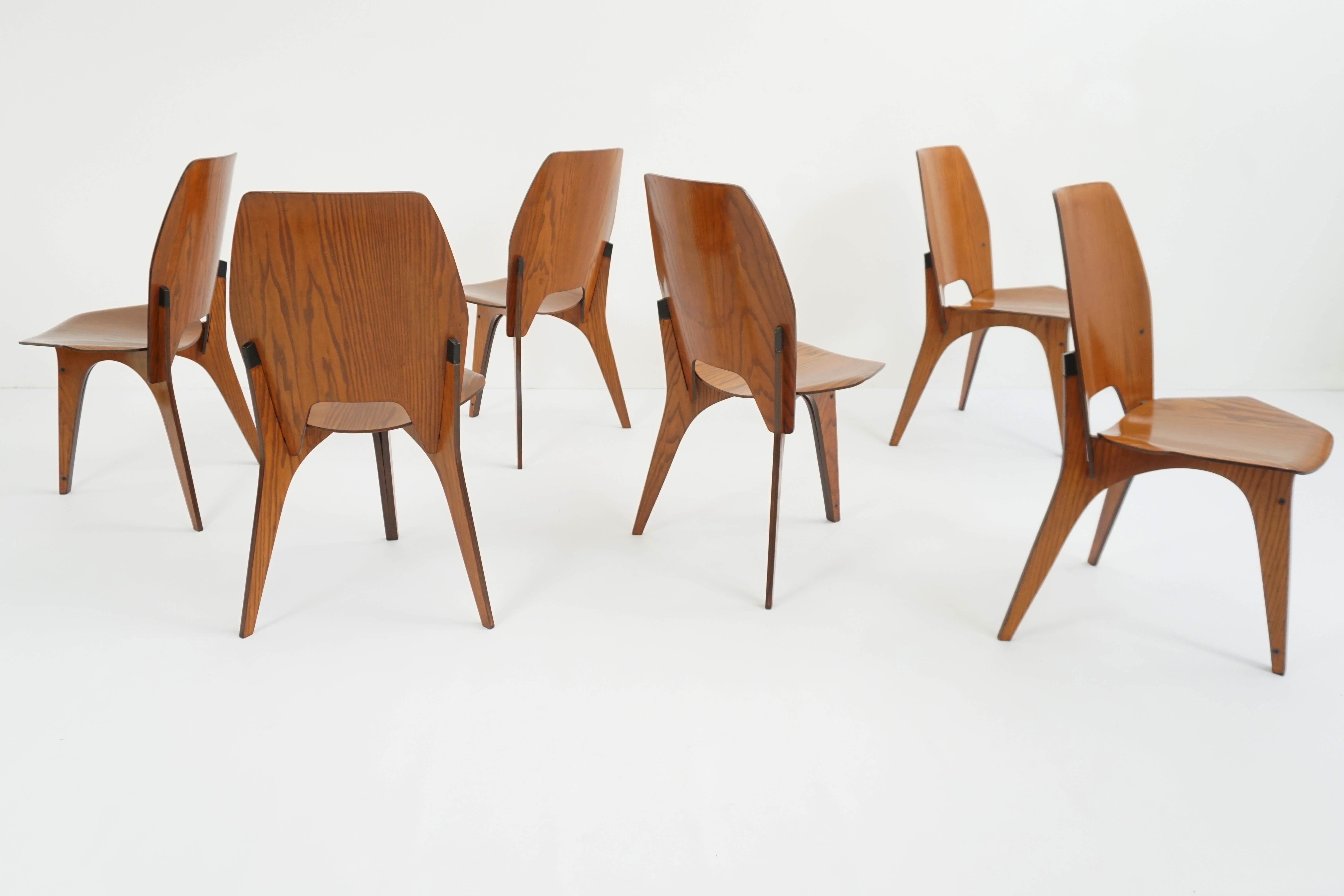 Eugenio Gerli for Tecno, Italy 1959 Iconic and Rare Set of 6 Teak Plywood Chairs For Sale 8