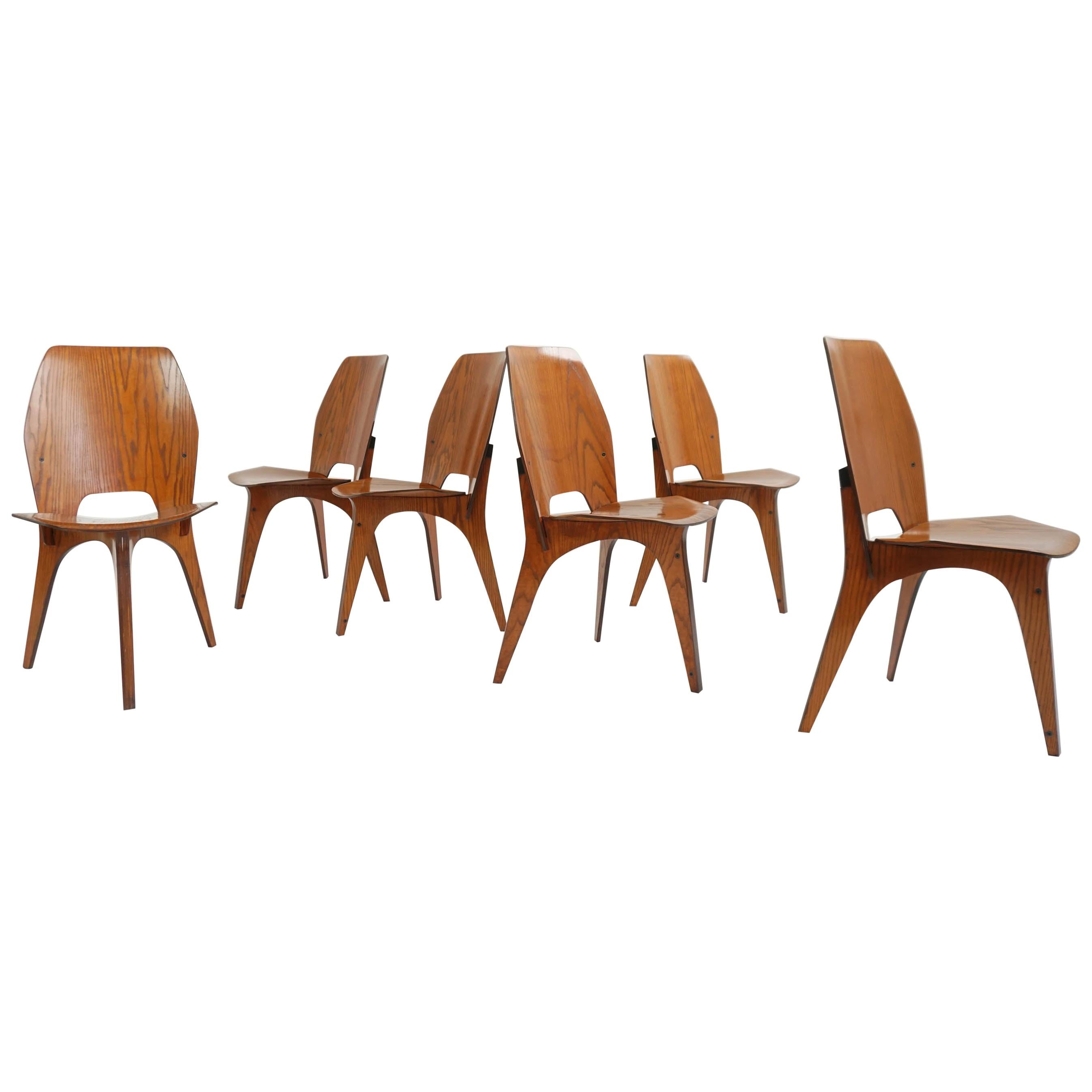 Eugenio Gerli for Tecno, Italy 1959 Iconic and Rare Set of 6 Teak Plywood Chairs For Sale